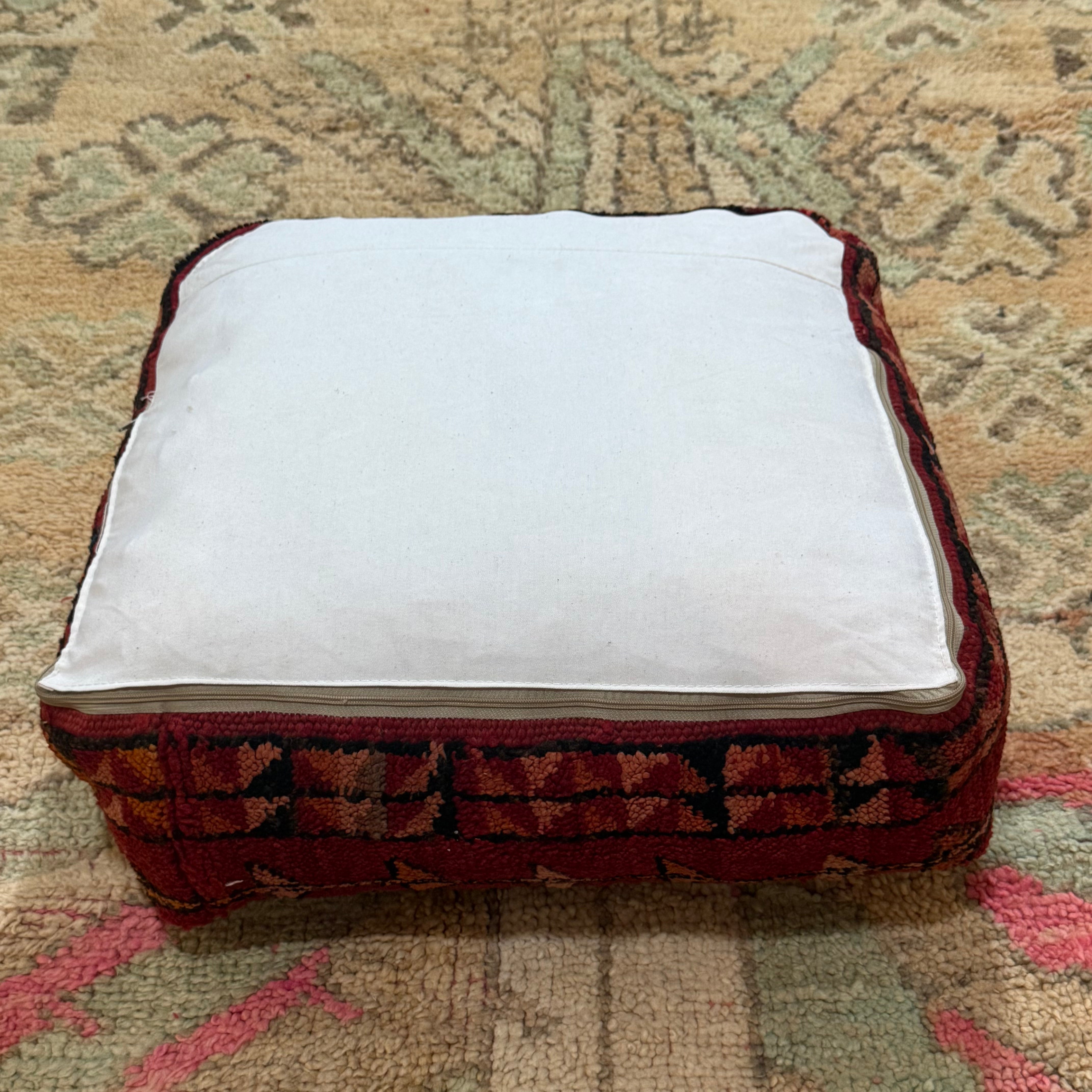 Vintage Boujad Pouffe – Ruby Red with Tribal Diamond & Check Pattern (60 × 60 × 20 cm)