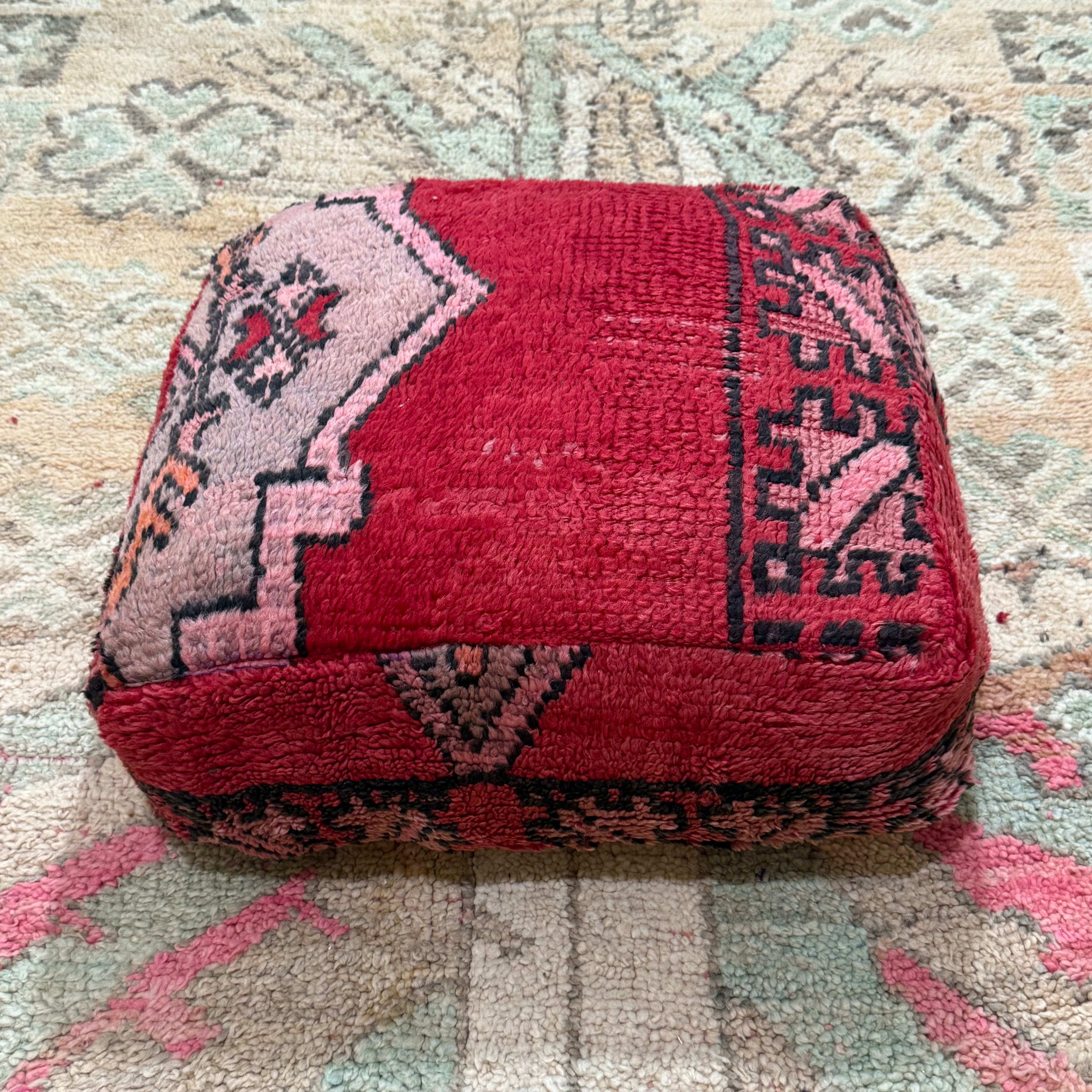 Vintage Boujad Pouffe – Red with Soft Pink Tribal Motif & Bold Border (60 × 60 × 20 cm)