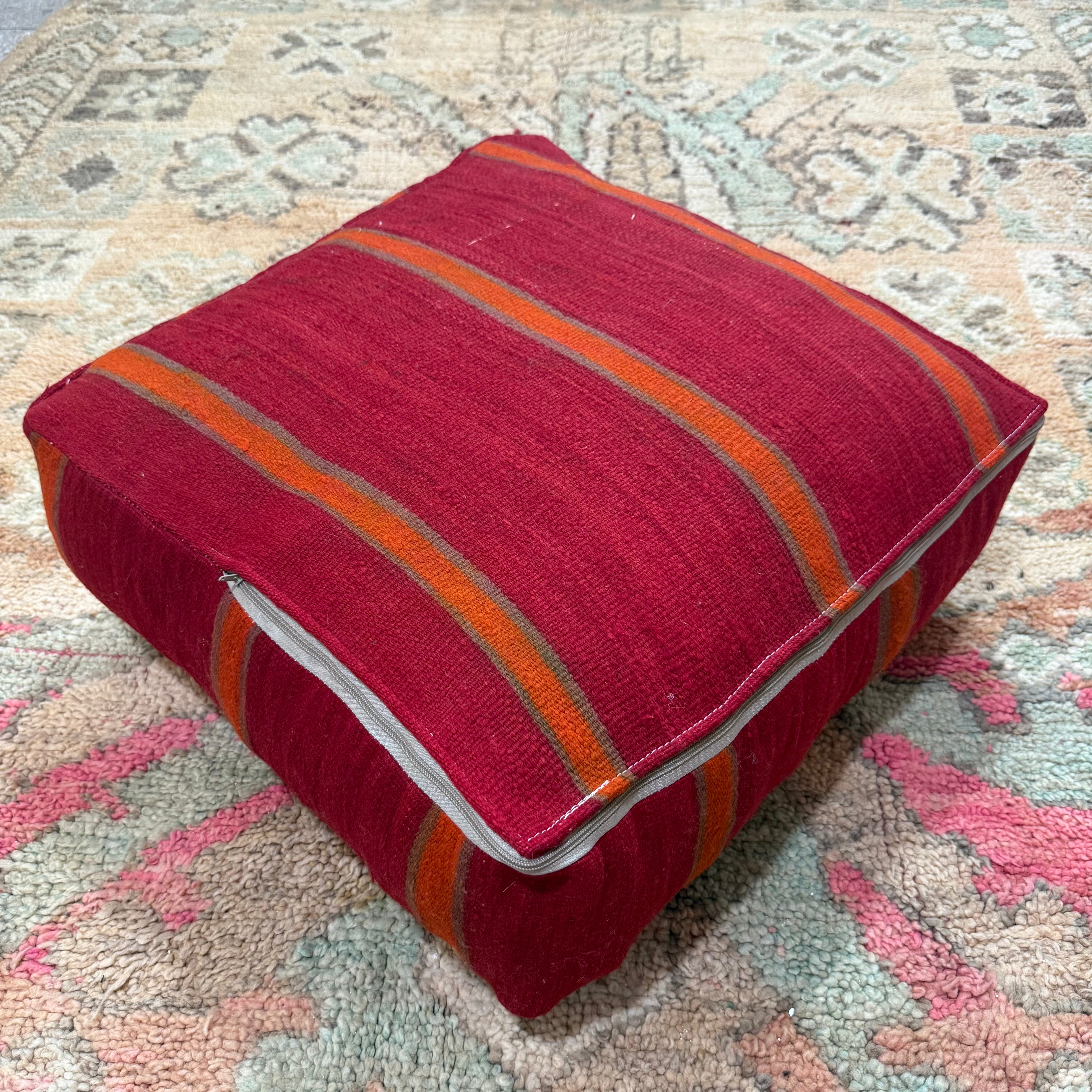 Boujaad Pouffe – Rosewood Maze Design, Handmade from Vintage Berber Rug (60×60×20 cm)