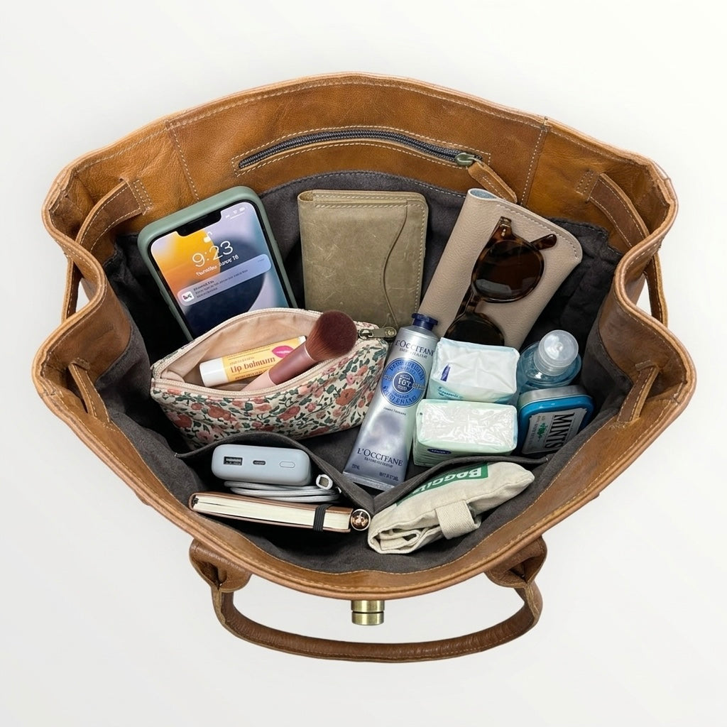 Open brown leather bag with various items including a phone, wallet, and toiletries on a white background