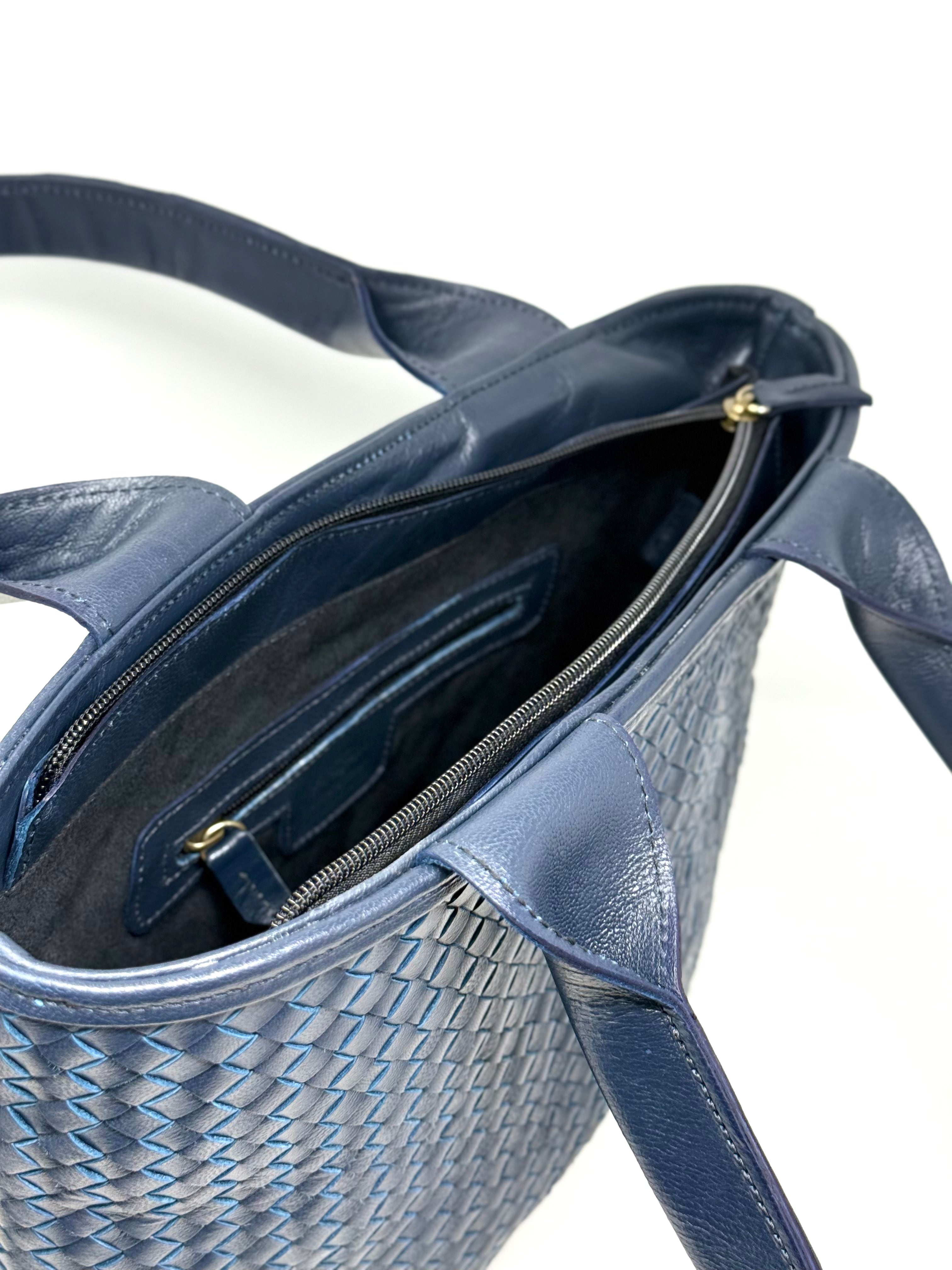 Woven Leather Tote Handbag Blue