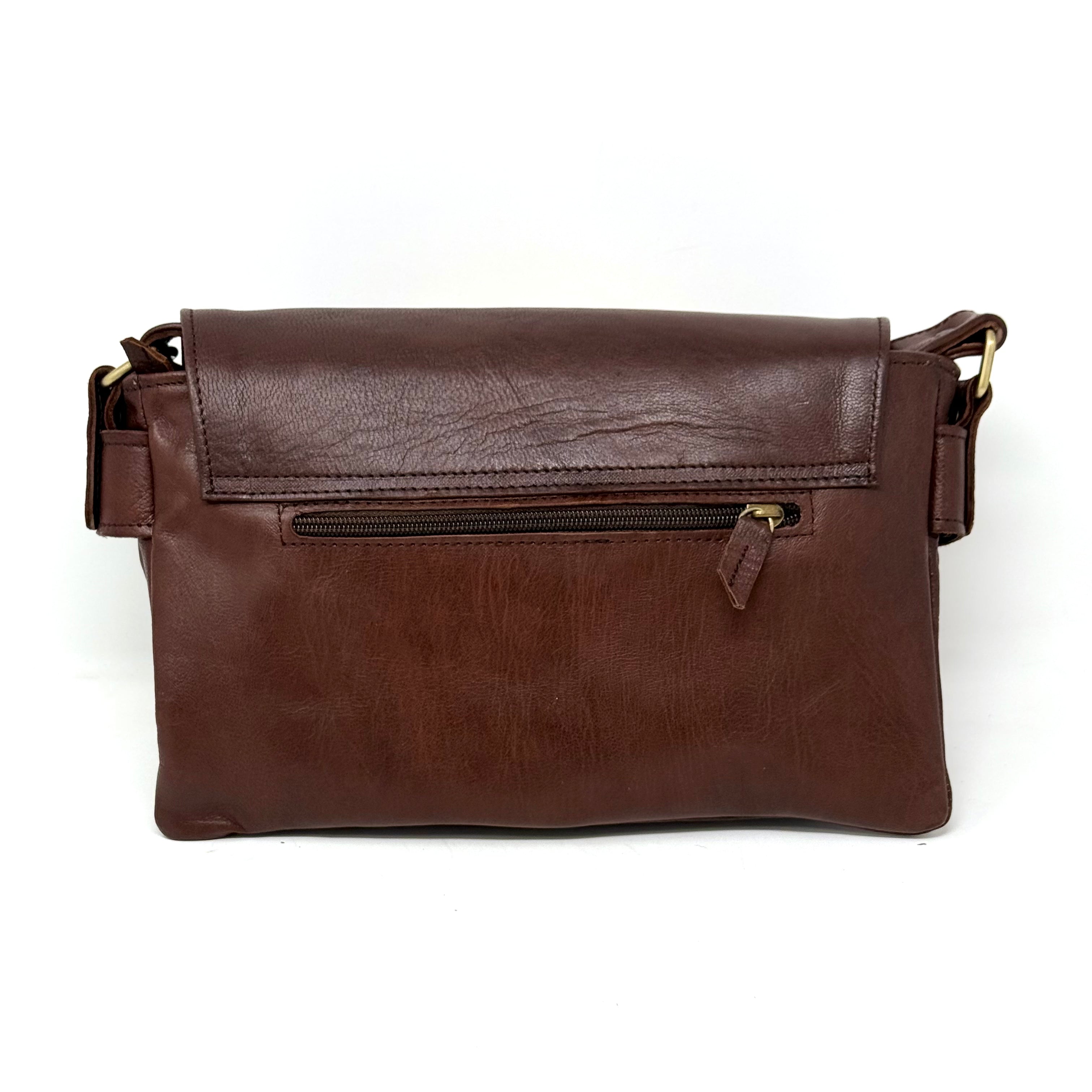 Multi-Compartment Leather Handbag- Dark brown