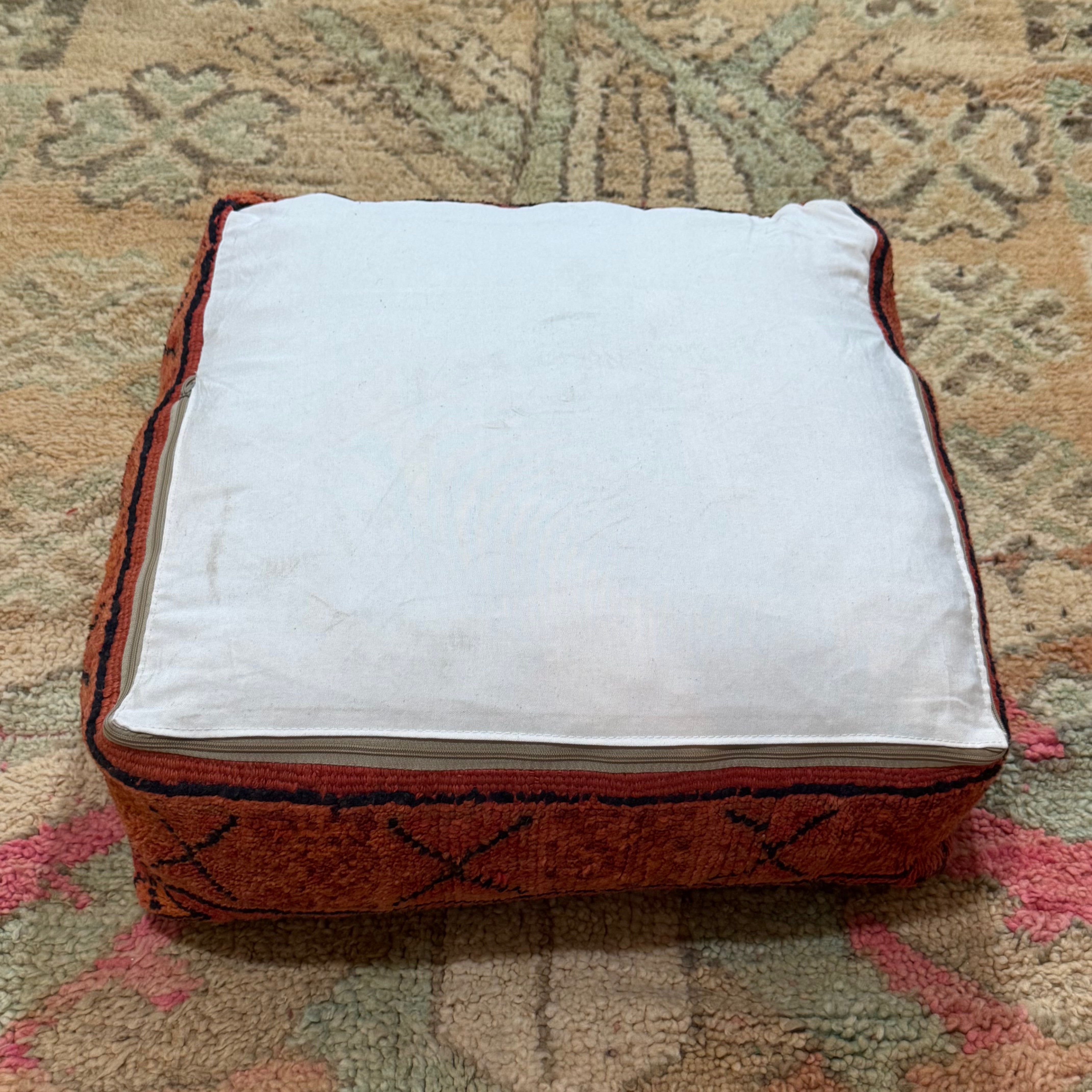 Vintage Boujad Pouffe – Deep Red with Indigo Tribal Border (60 × 60 × 20 cm)