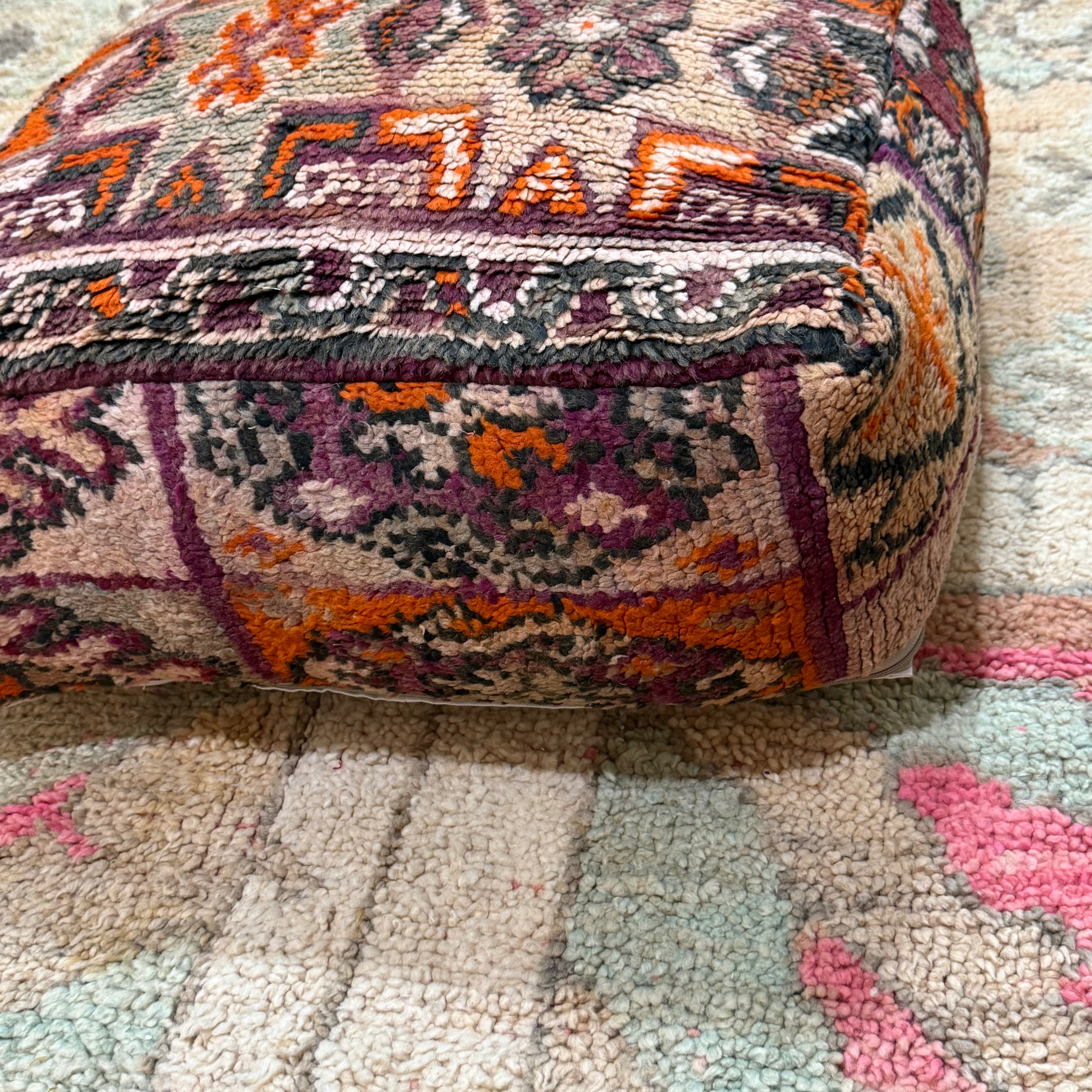 Vintage Boujad Pouffe – Warm Neutrals with Plum & Orange Tribal Motifs (60 × 60 × 20 cm)