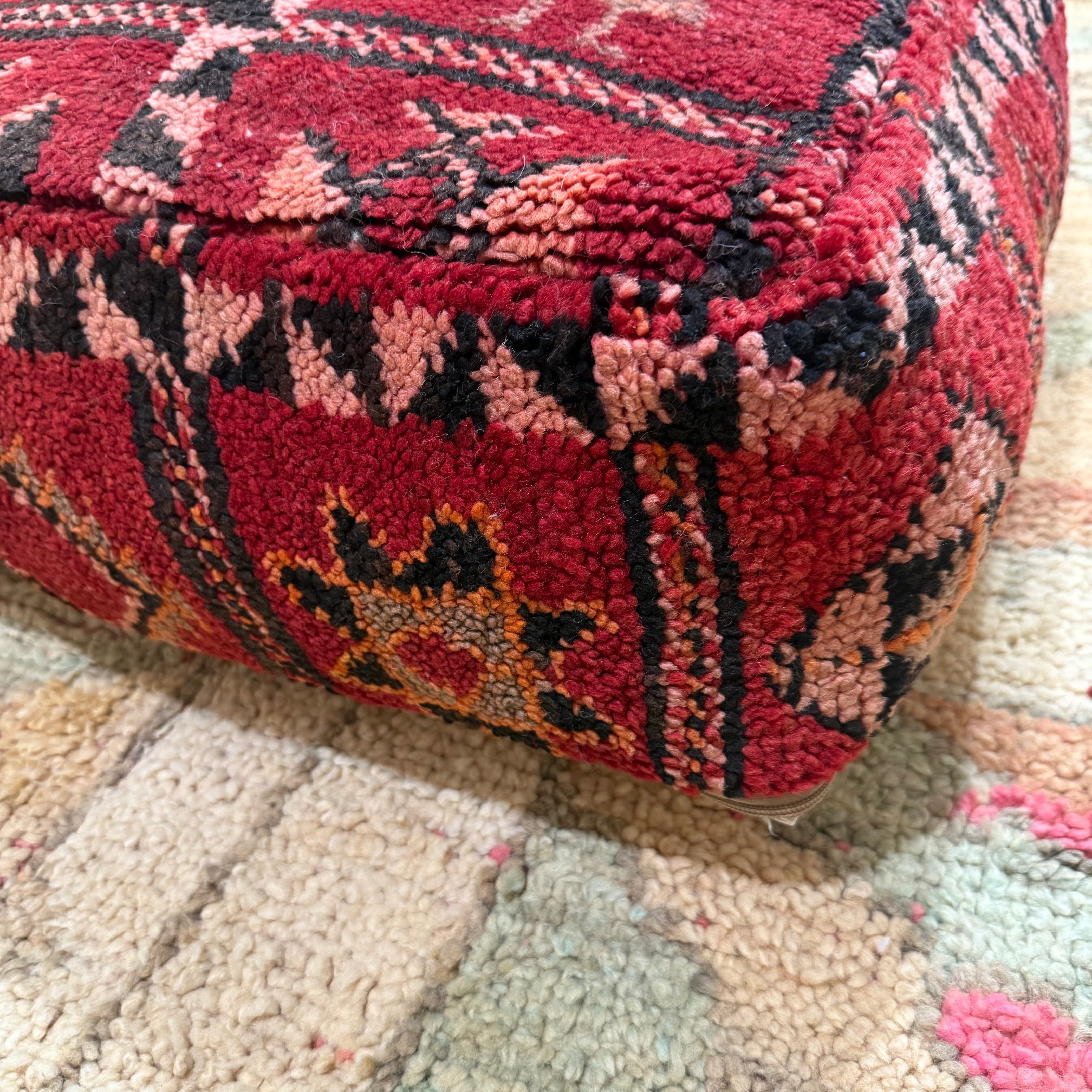 Vintage Boujad Pouffe – Red with Pink Tribal Figures & Star Motifs (60 × 60 × 20 cm)