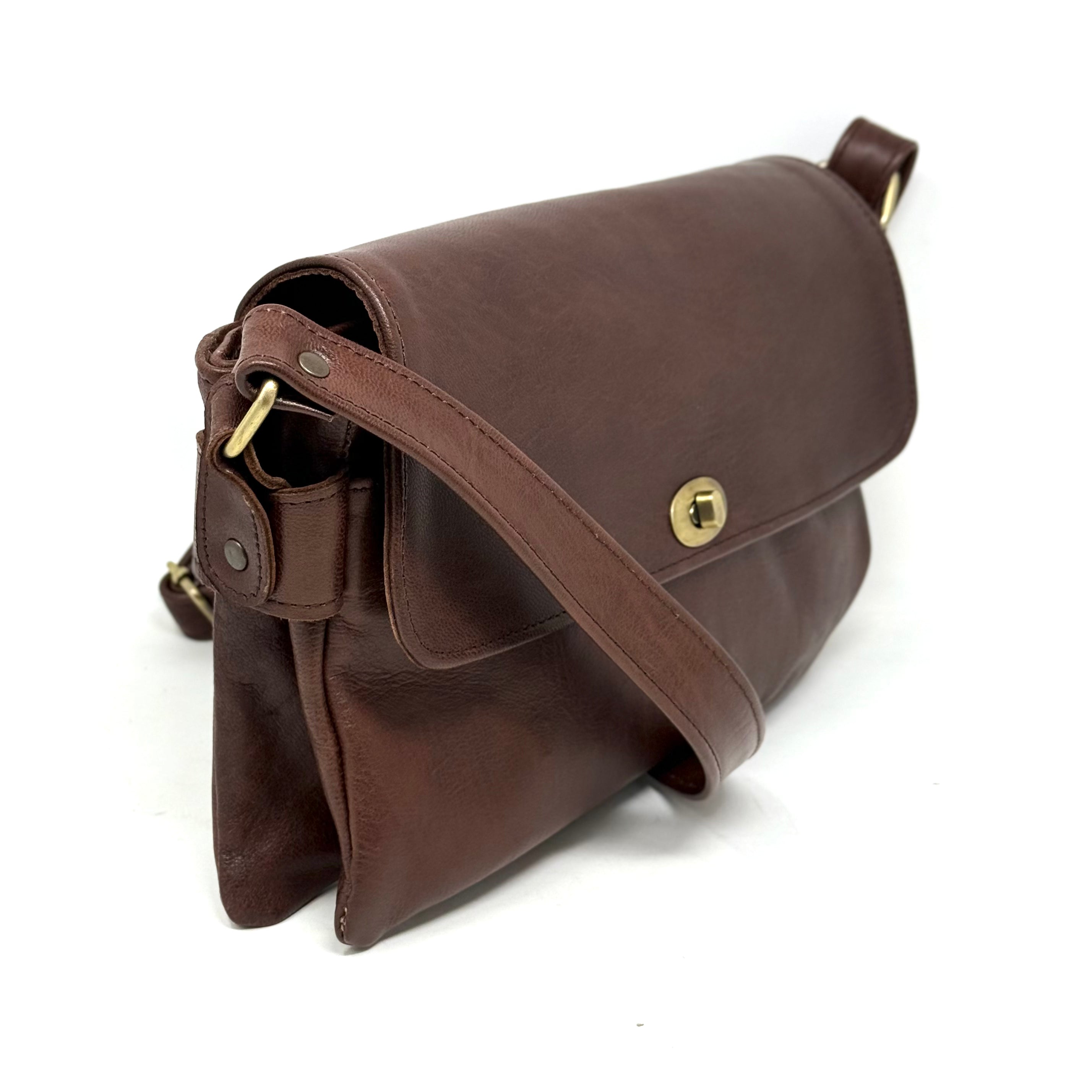 Multi-Compartment Leather Handbag- Dark brown