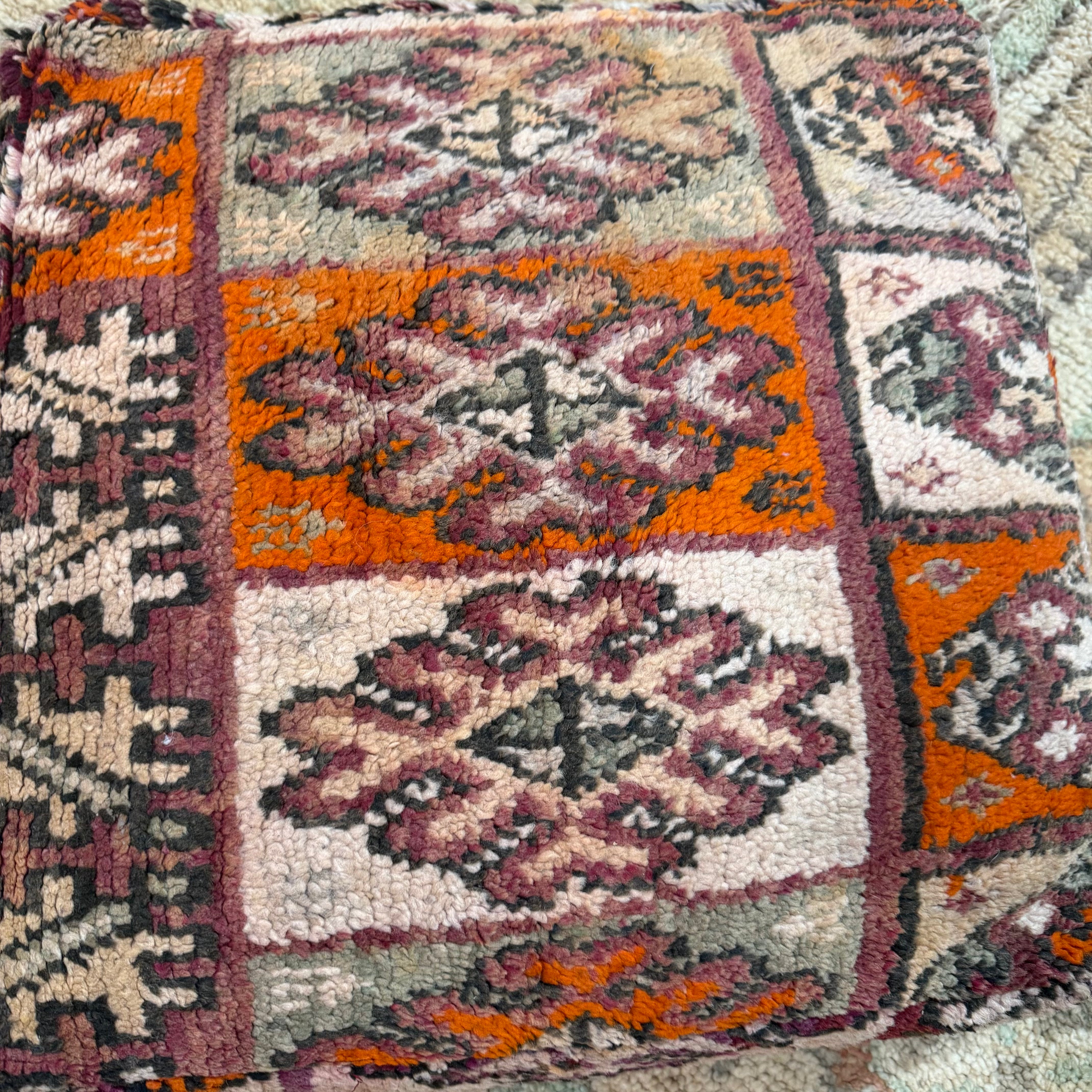 Vintage Boujad Pouffe – Geometric Patchwork in Rust, Plum & Soft Neutrals (60 × 60 × 20 cm)