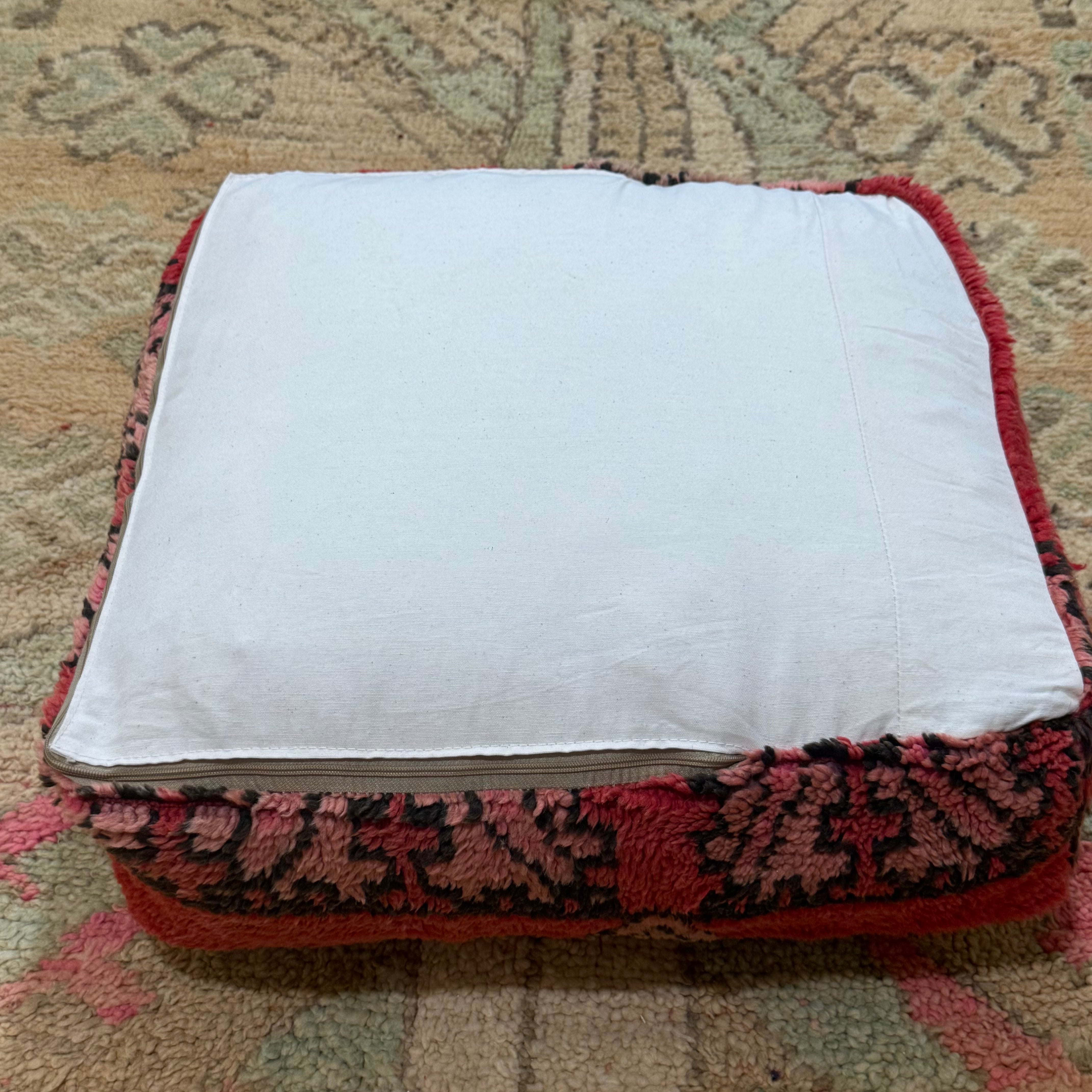 Vintage Boujad Pouffe – Red with Soft Pink Tribal Motif & Bold Border (60 × 60 × 20 cm)
