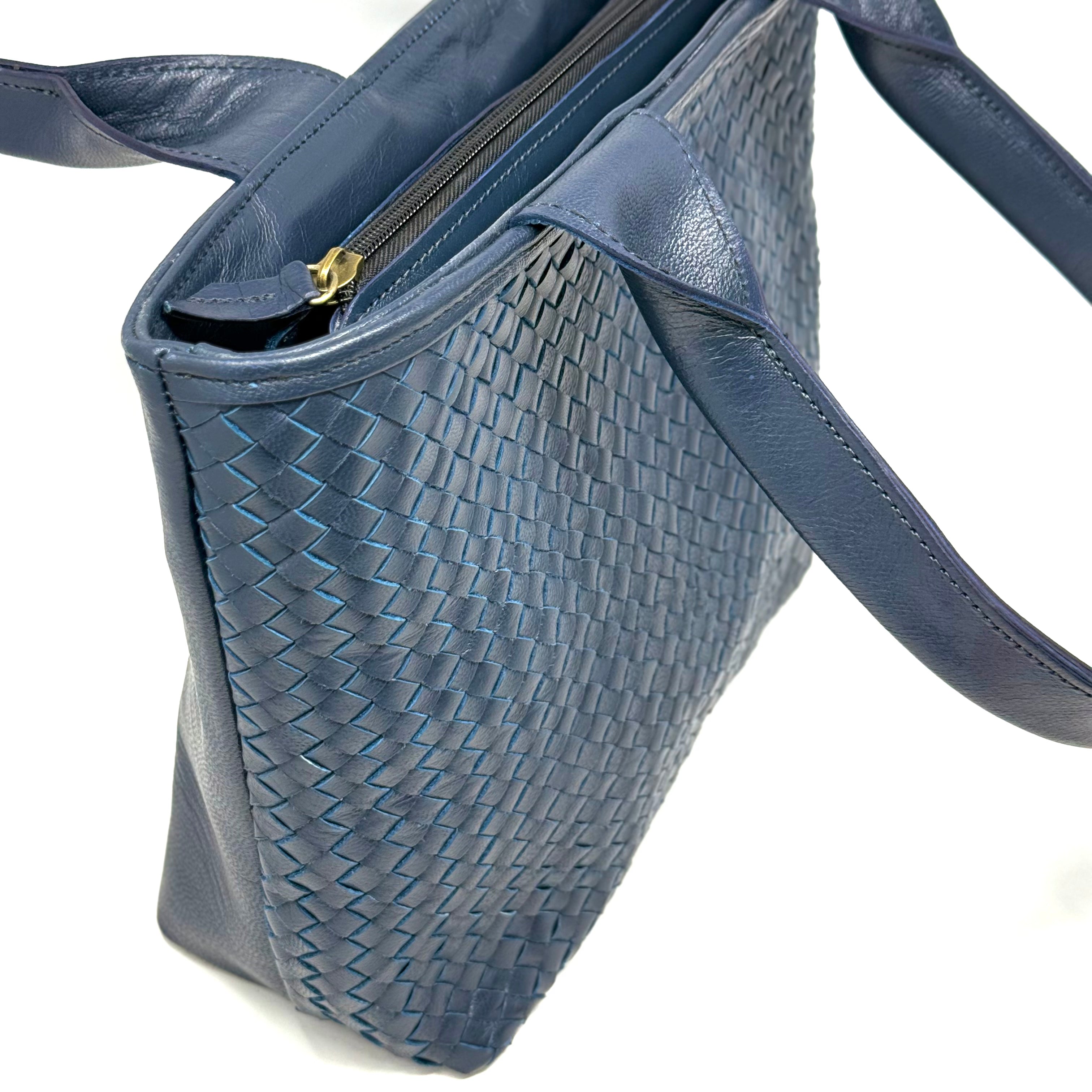 Woven Leather Tote Handbag Blue