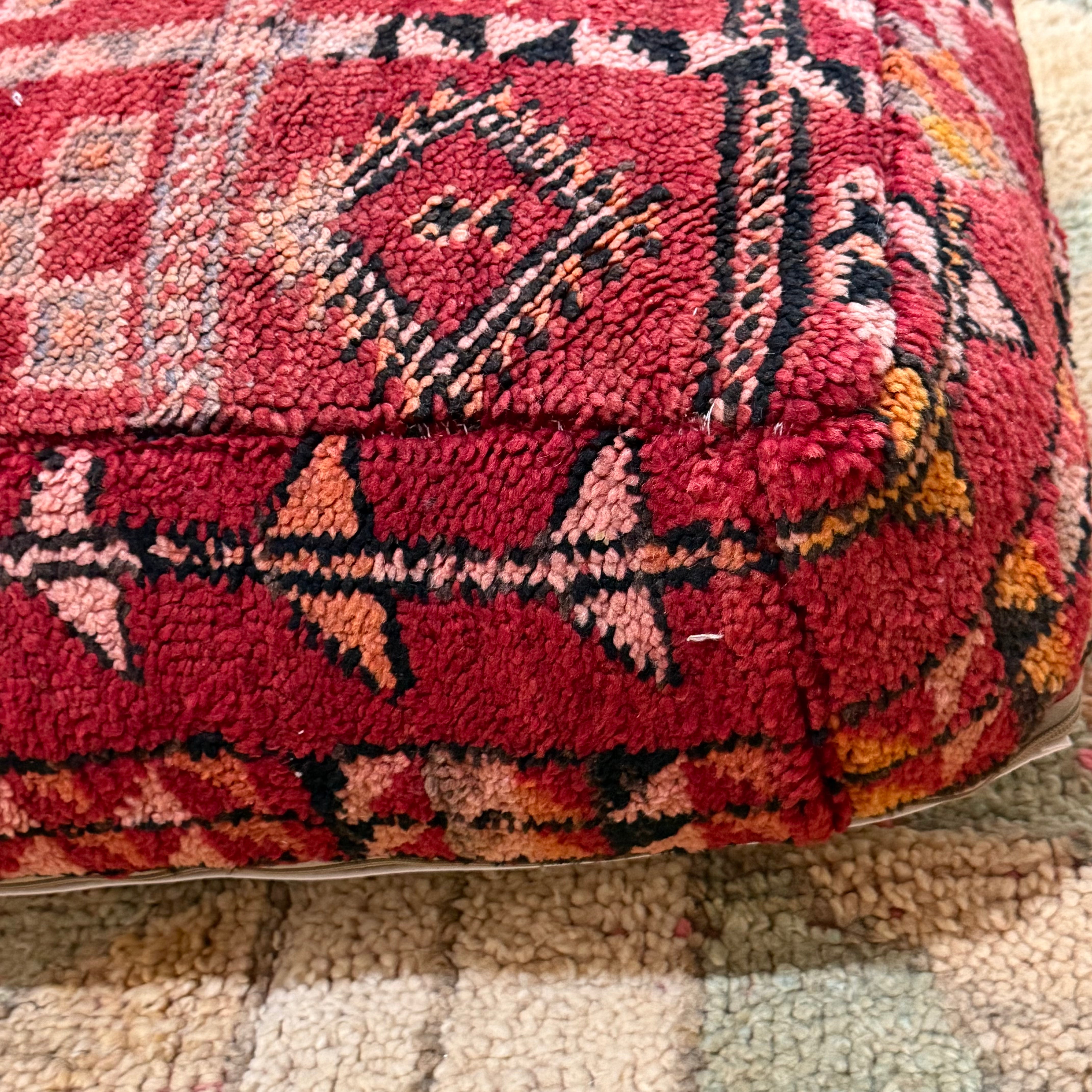 Vintage Boujad Pouffe – Ruby Red with Tribal Diamond & Check Pattern (60 × 60 × 20 cm)