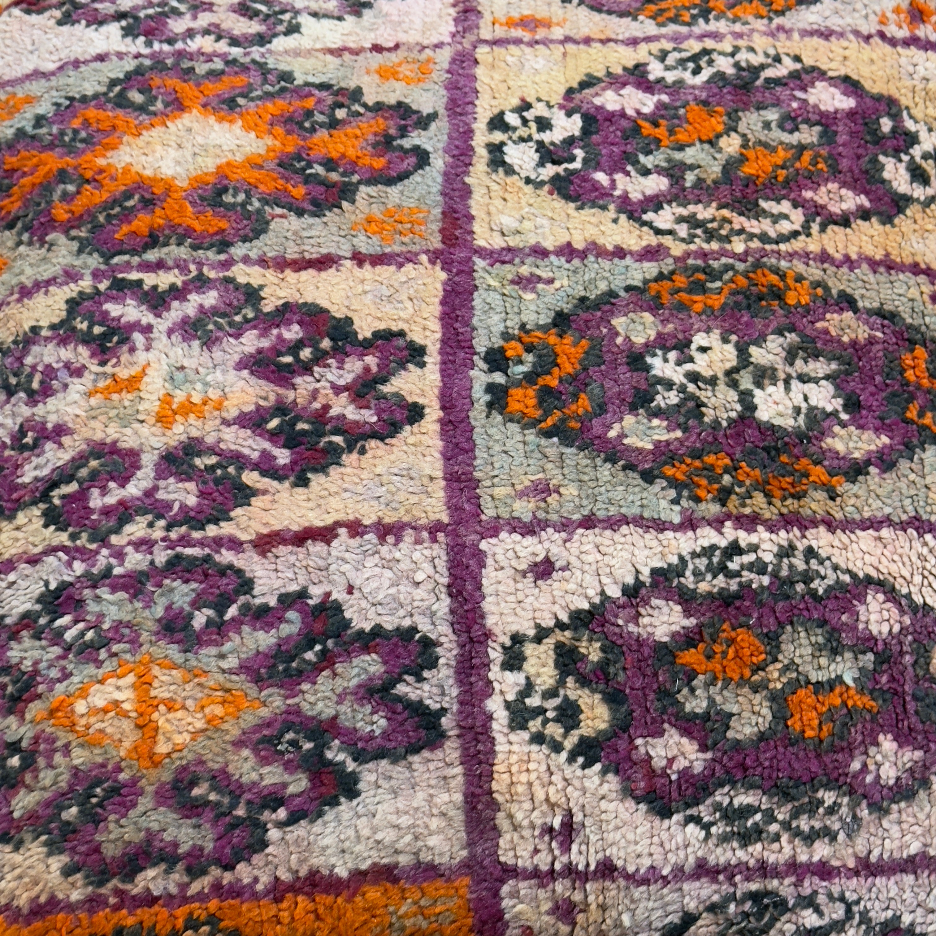 Vintage Moroccan Boujaad Pouffe – Purple & Orange Diamond Motif (60×60×20 cm)