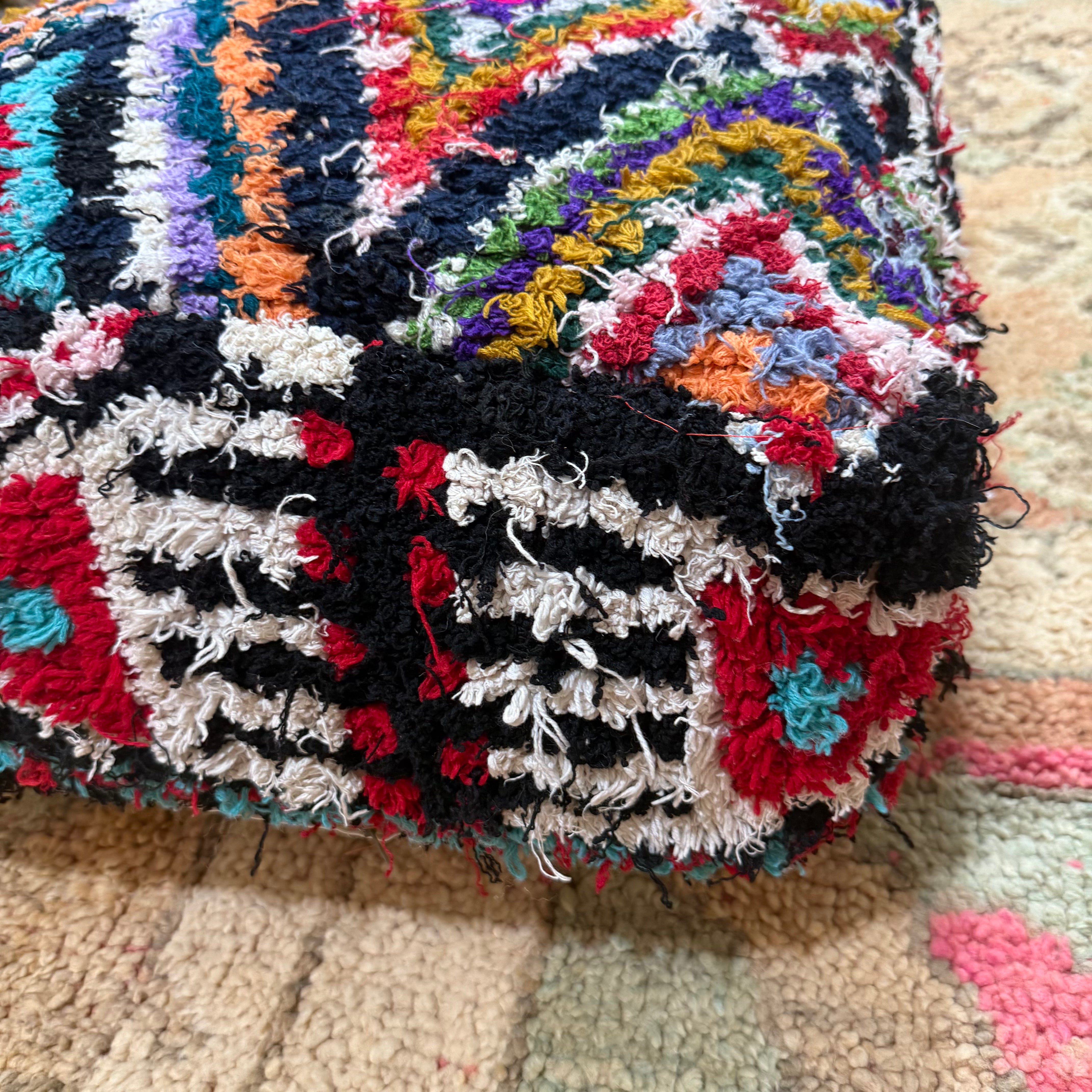 Vintage Boucherouite Pouffe – Multicolour Tribal Diamond Patchwork (60 × 60 × 20 cm)