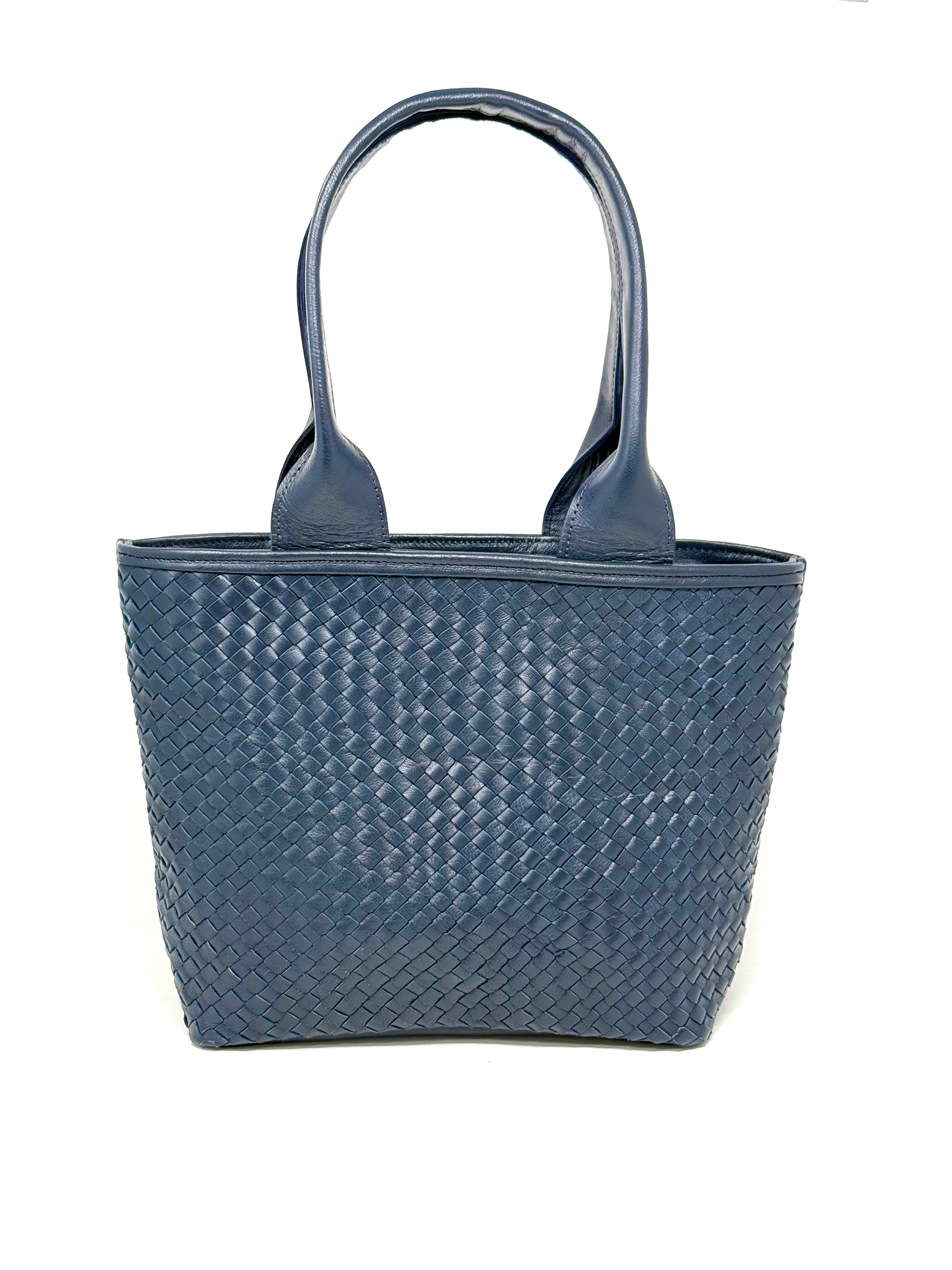 Woven Leather Tote Handbag Blue