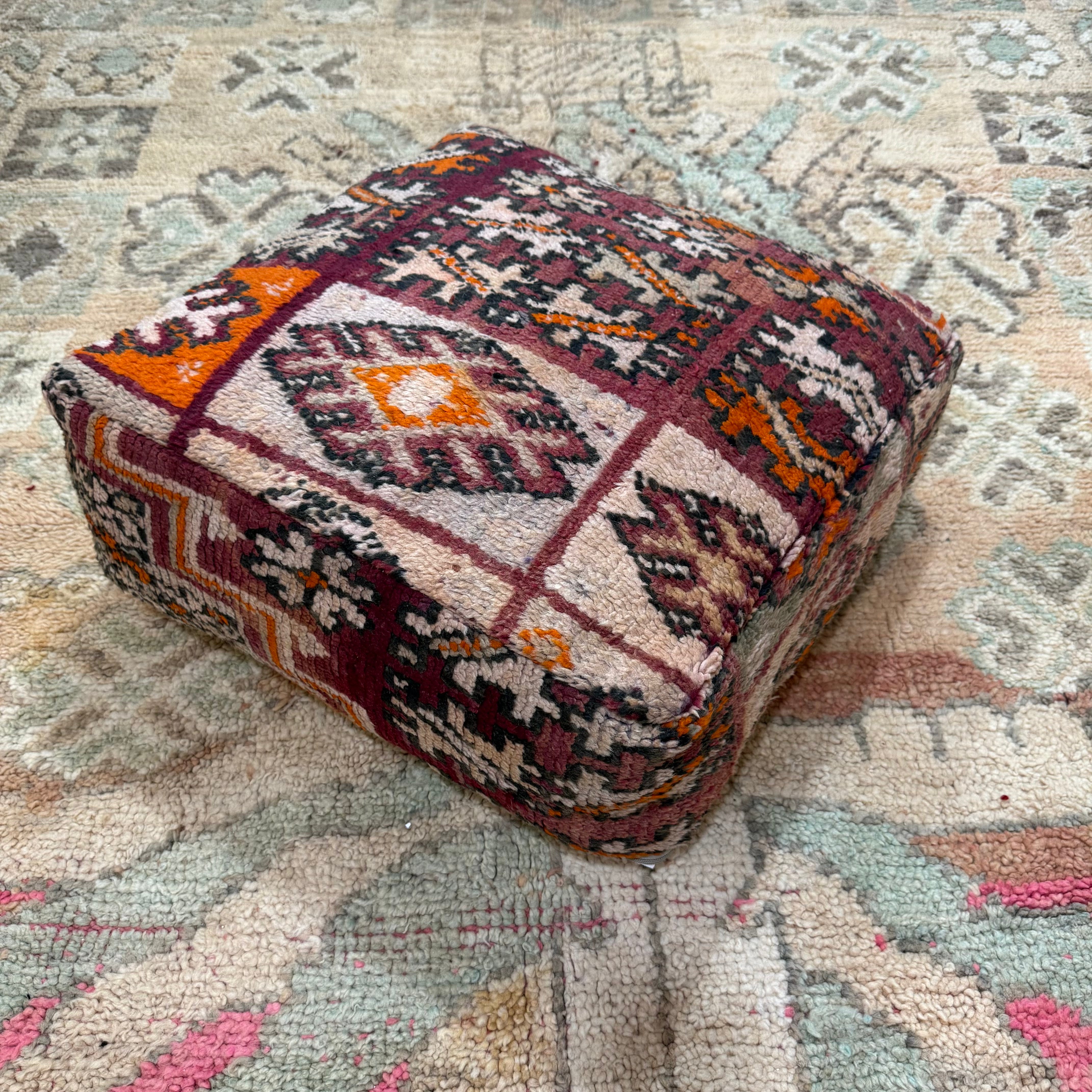 Vintage Boujad Pouffe – Plum & Burnt Orange Diamond Patchwork (60 × 60 × 20 cm)