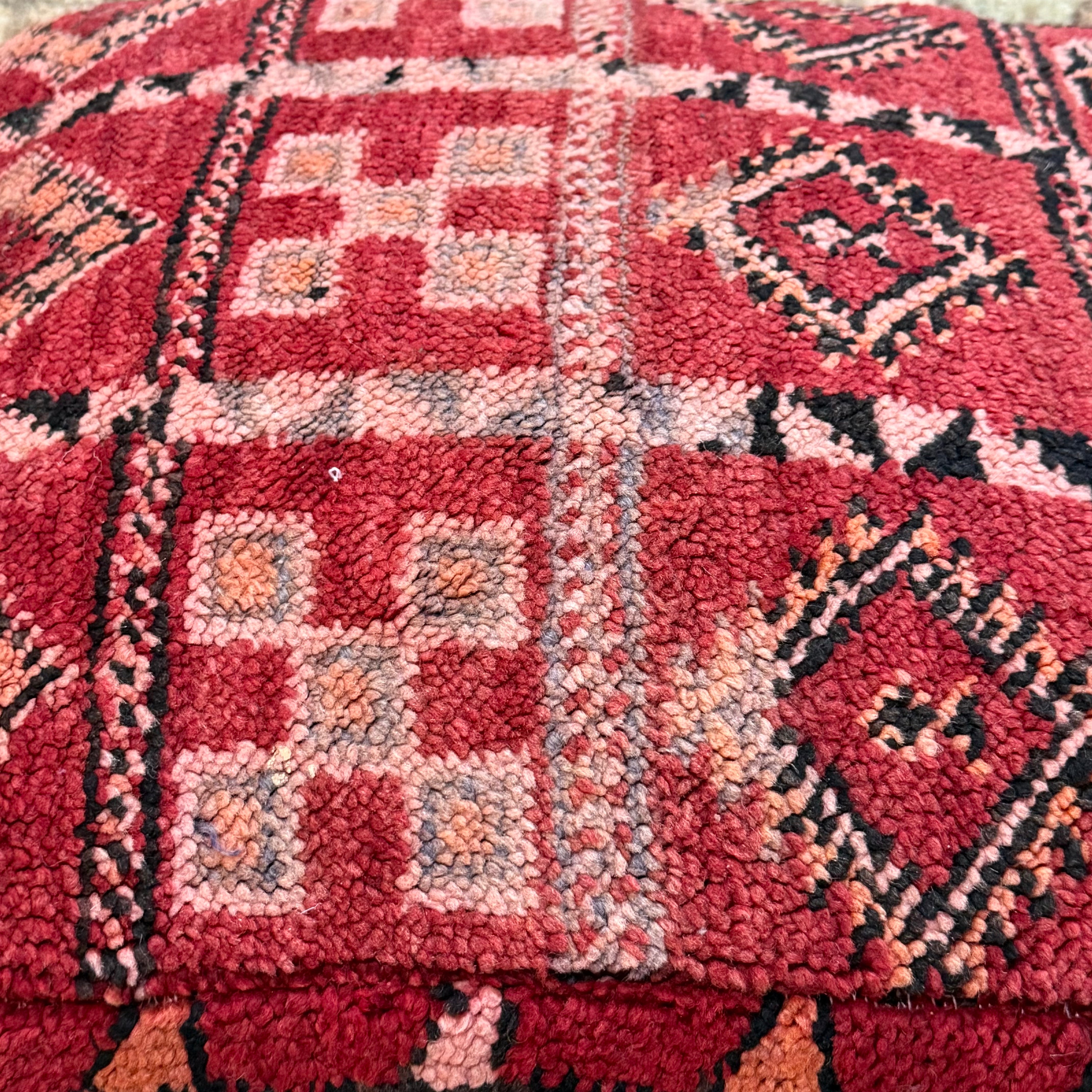 Vintage Boujad Pouffe – Ruby Red with Tribal Diamond & Check Pattern (60 × 60 × 20 cm)