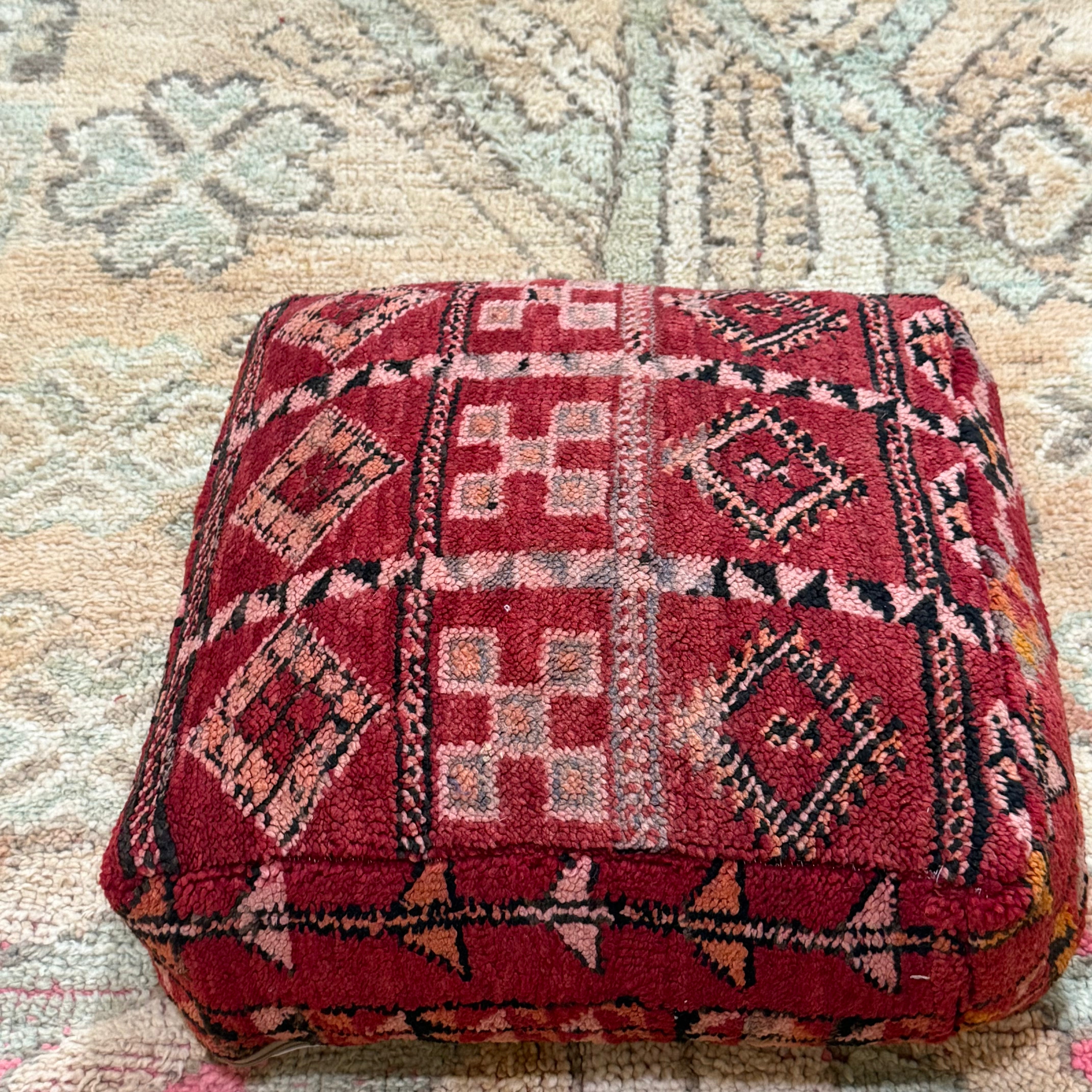 Vintage Boujad Pouffe – Ruby Red with Tribal Diamond & Check Pattern (60 × 60 × 20 cm)
