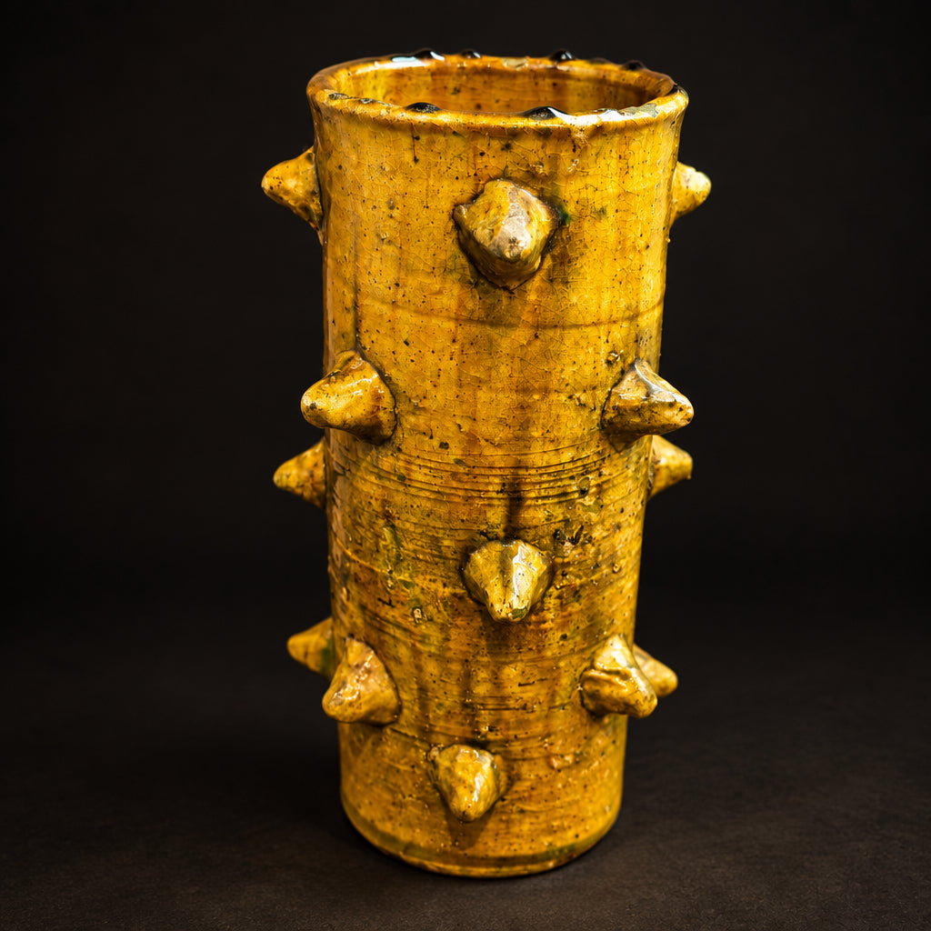 ⁠Tall mustard yellow Tamegroute ceramic vase with handcrafted ceramic spikes⁠