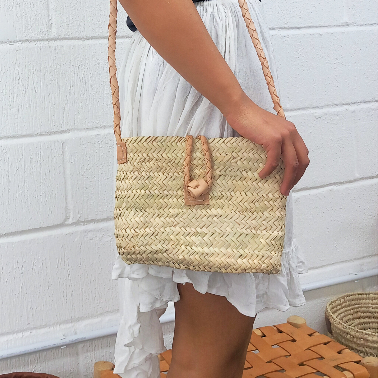Handwoven Straw Bag woven Leather Strap