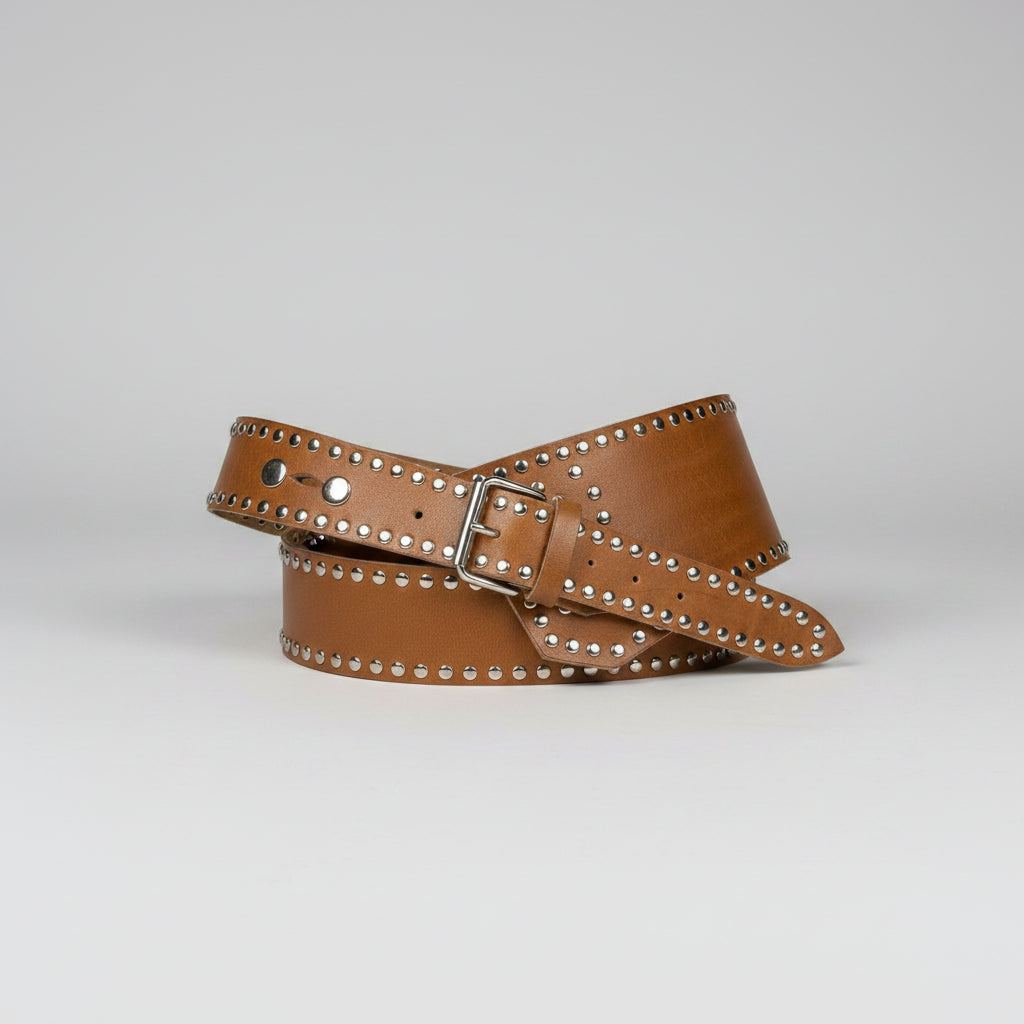Handcrafted Studded Leather Belt – Wide Tan Artisan Boho Belt