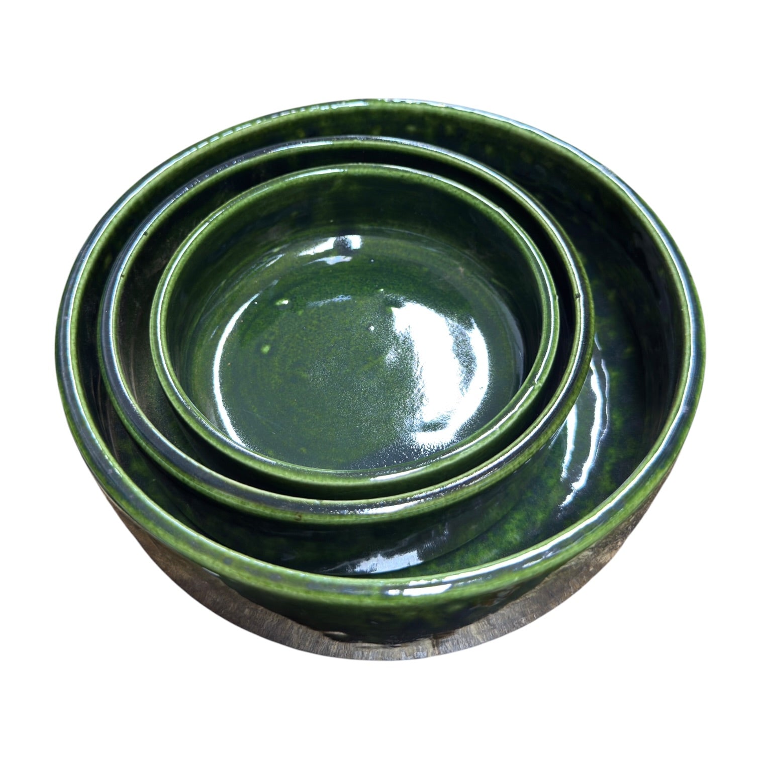 Handmade Green Glazed Ceramic Bowl & Plant Saucer – Set of 3