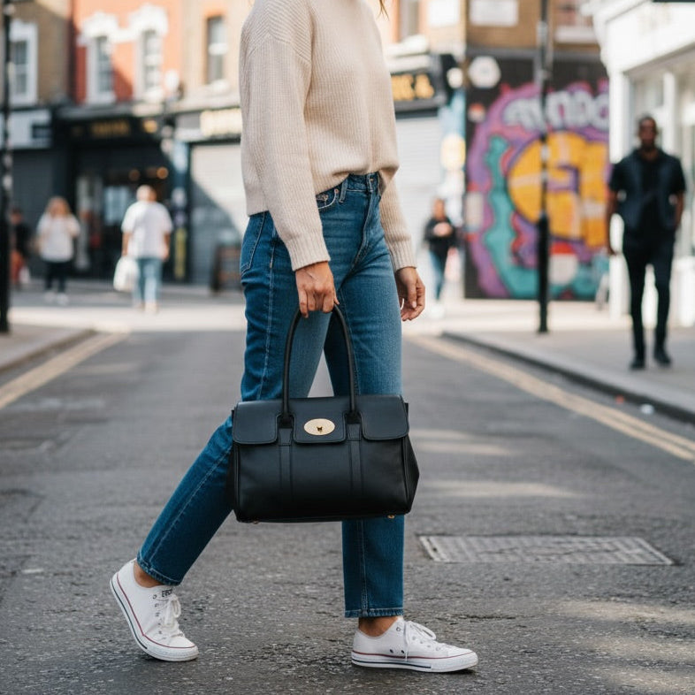 Person walking on a street holding a black handbag, wearing blue jeans and white sneakers.