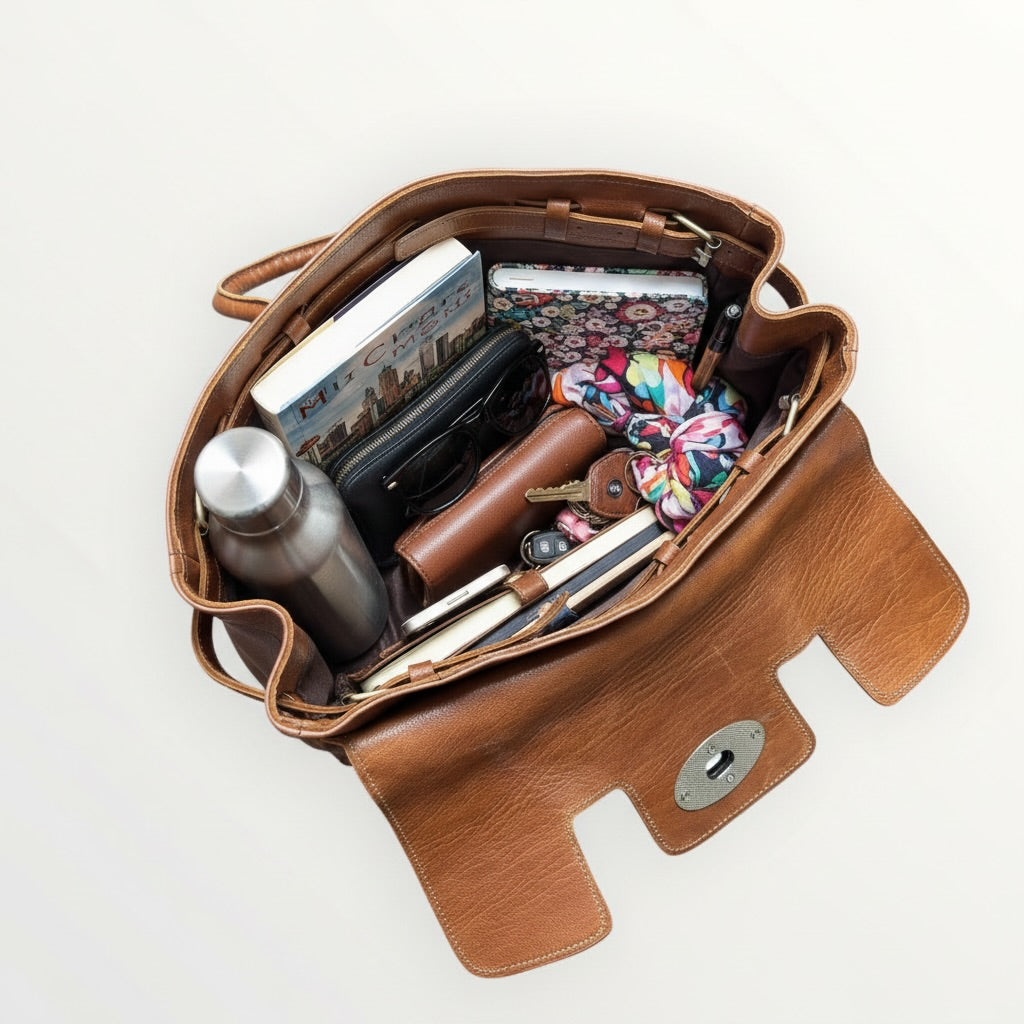 Brown leather bag with various items on a white background