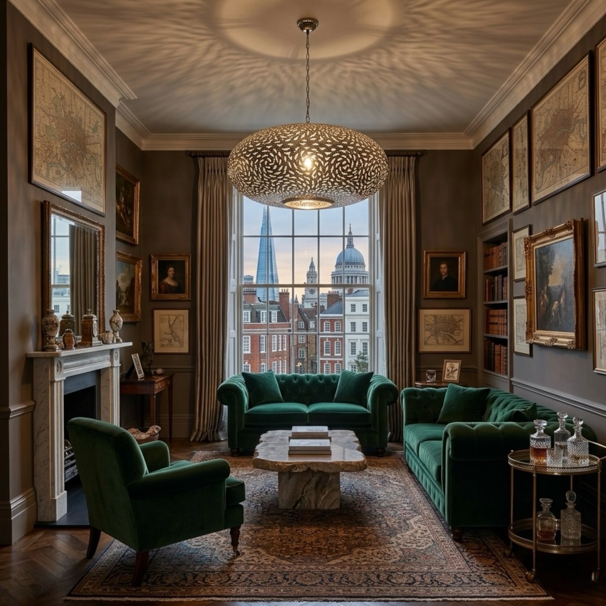 Luxurious living room with green sofas, a fireplace, and large windows overlooking a cityscape.