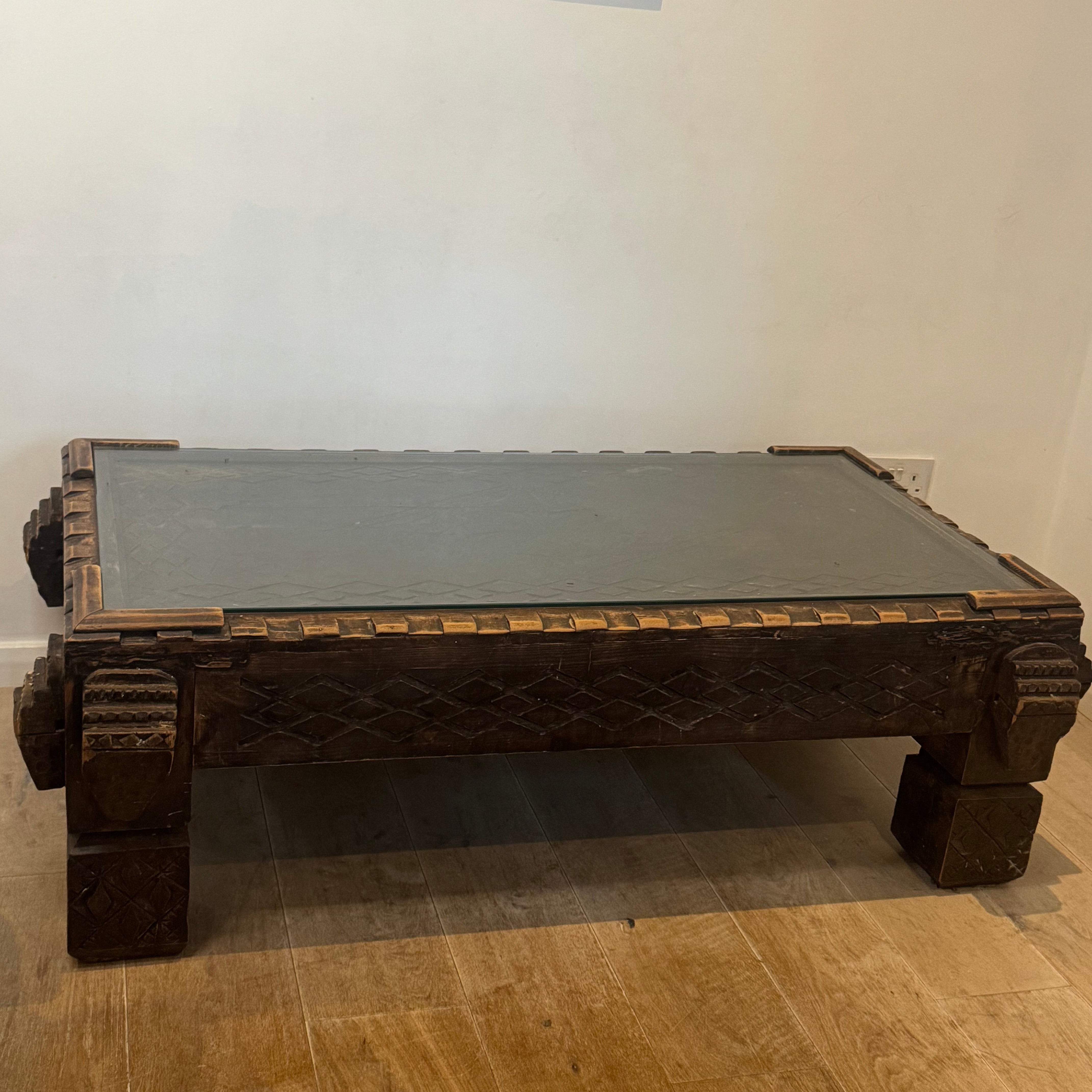 Vintage Hand-Carved Moroccan Cedar Wood Coffee Table with Removable Glass Top – 120cm
