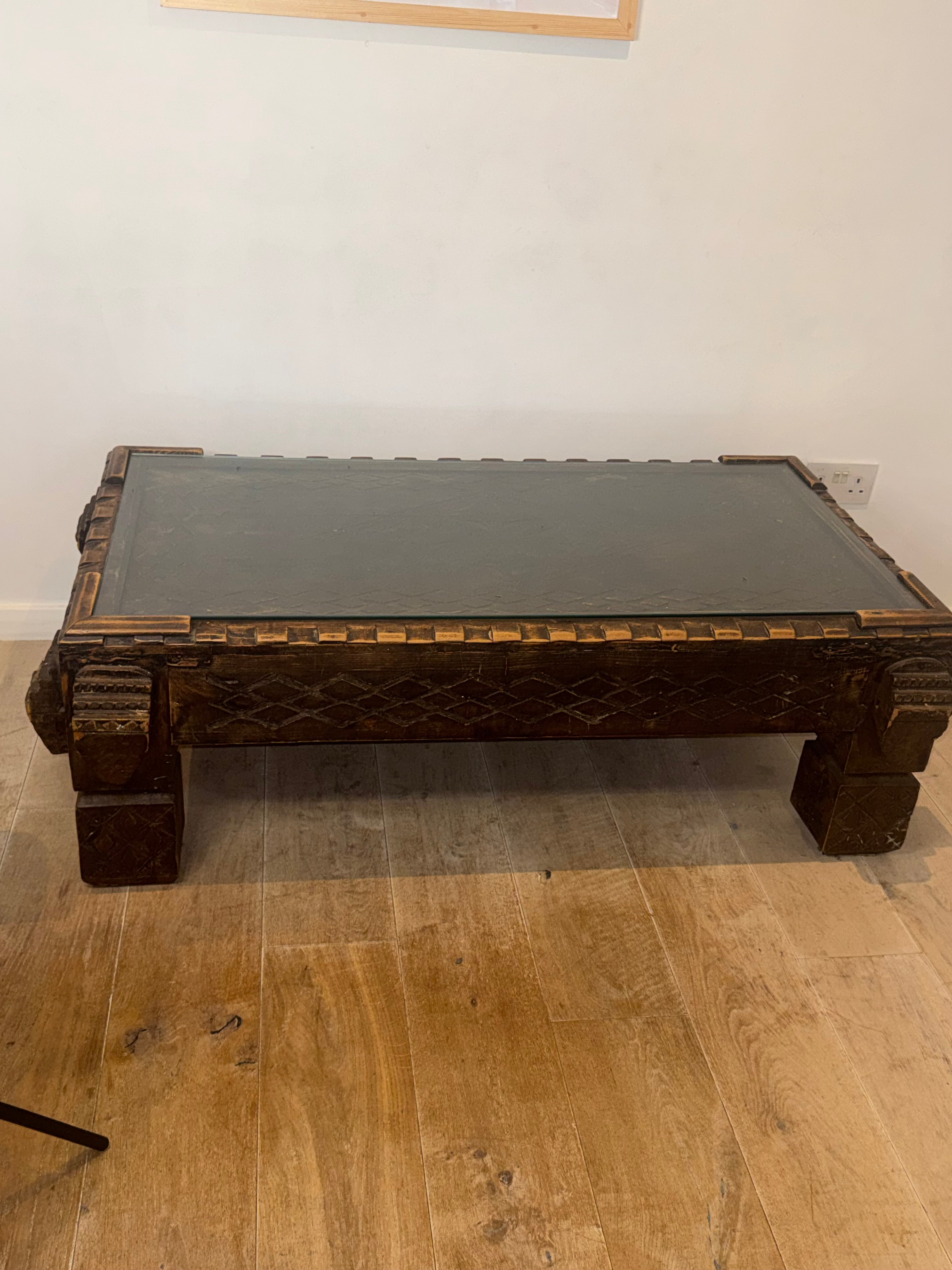 Vintage Hand-Carved Moroccan Cedar Wood Coffee Table with Removable Glass Top – 120cm
