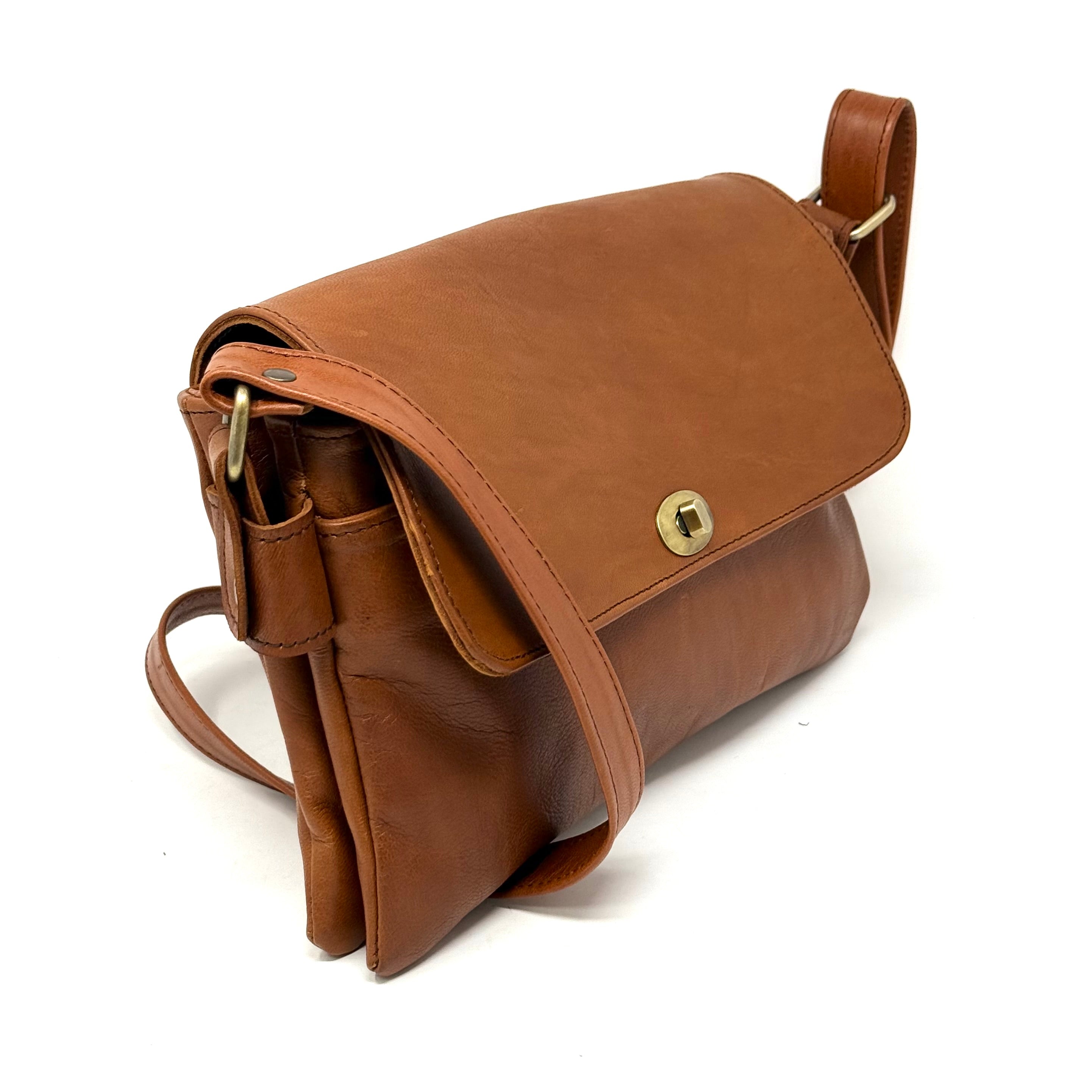 Multi-Compartment Women's Leather Handbag- Light brown