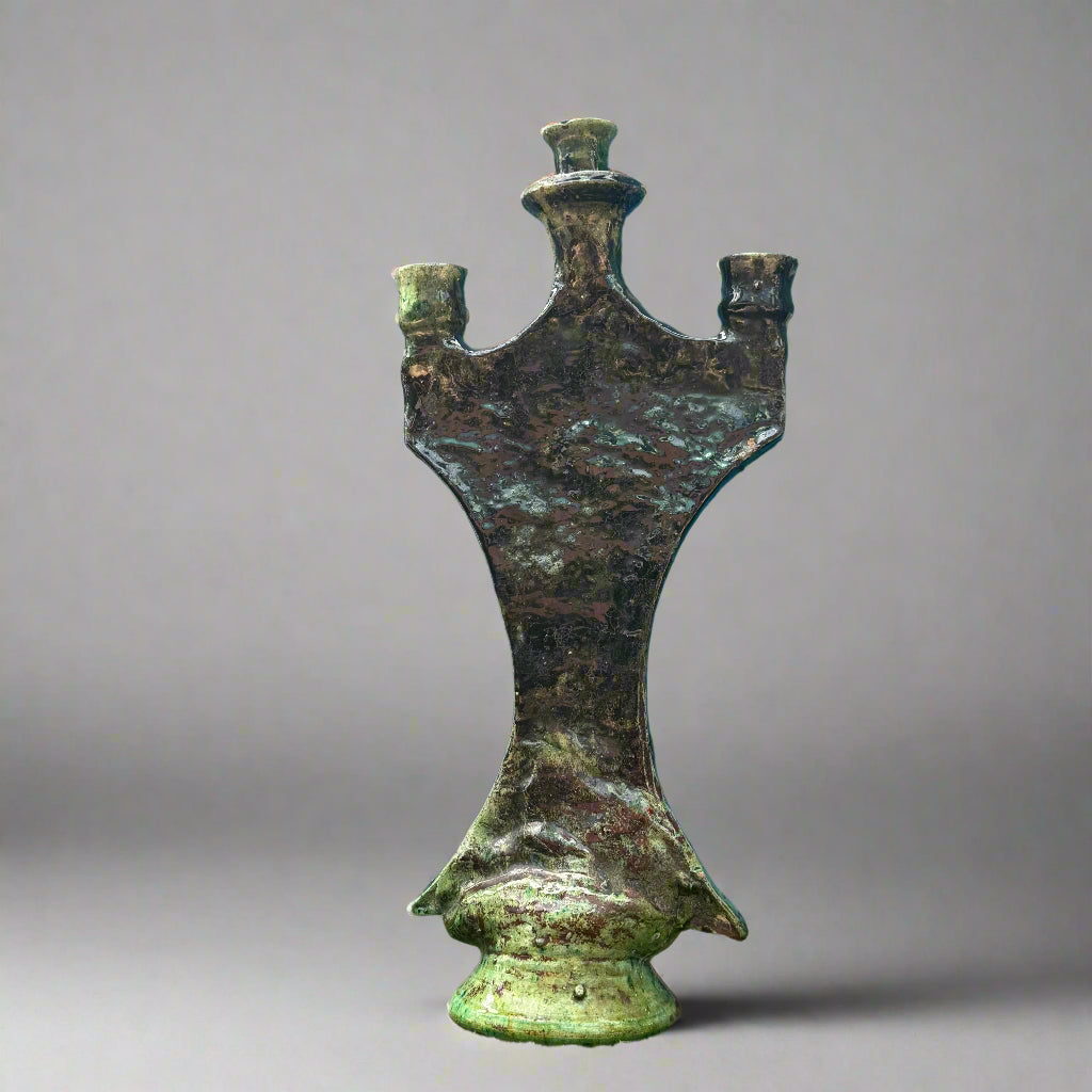 Tamegroute 3-Branch Candle Holder – 46cm Moroccan Green Pottery