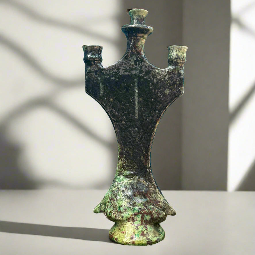 Tamegroute 3-Branch Candle Holder – 46cm Moroccan Green Pottery