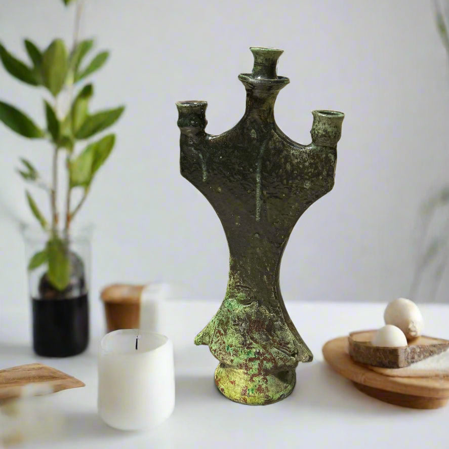 Tamegroute 3-Branch Candle Holder – 46cm Moroccan Green Pottery