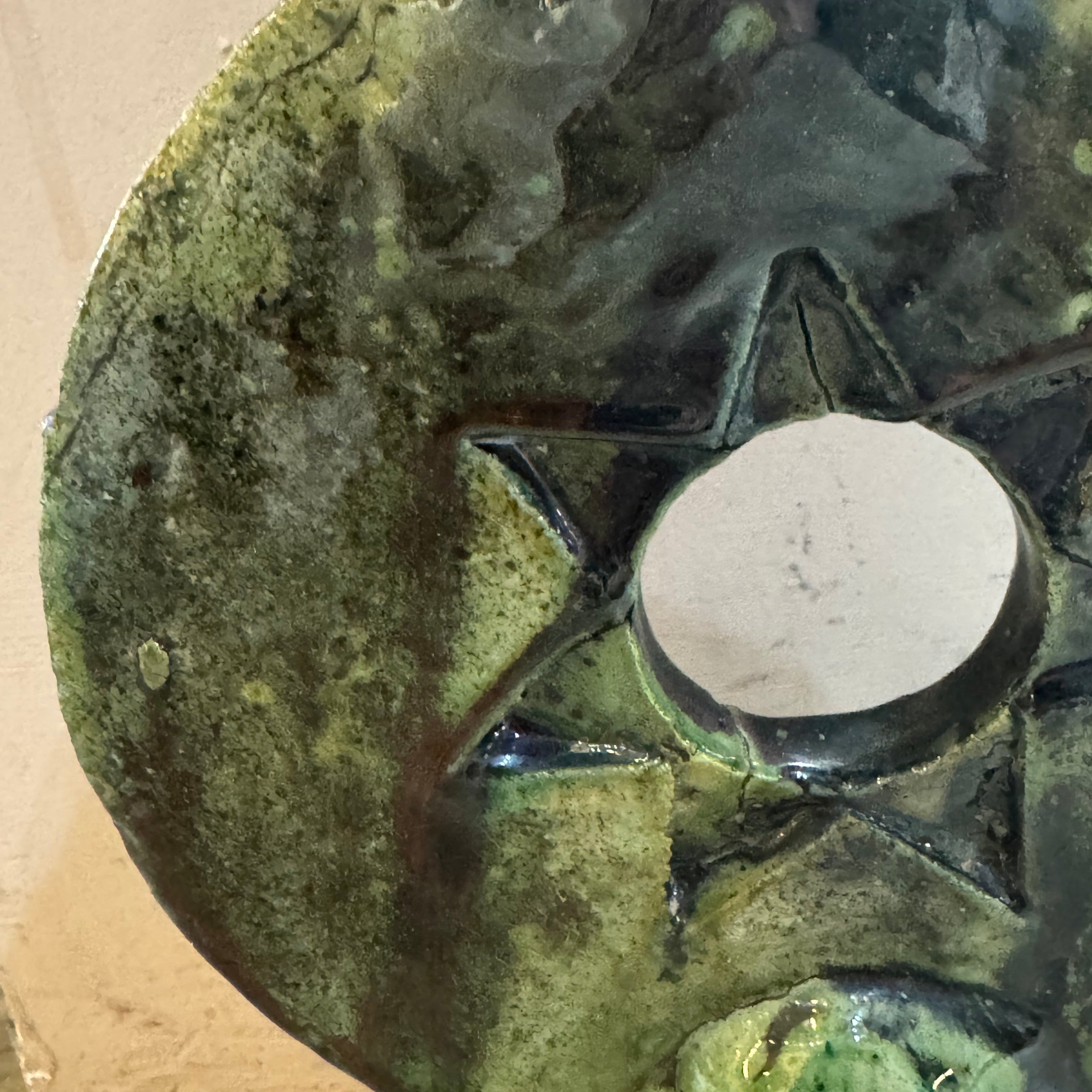 Round Sun Tamegroute Candle Holder – Handcrafted Moroccan Green Pottery