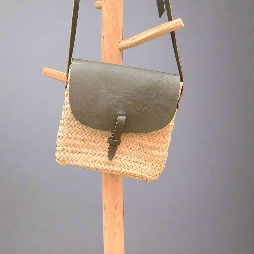 Square Handwoven Palm Leaf & Leather Crossbody Bag