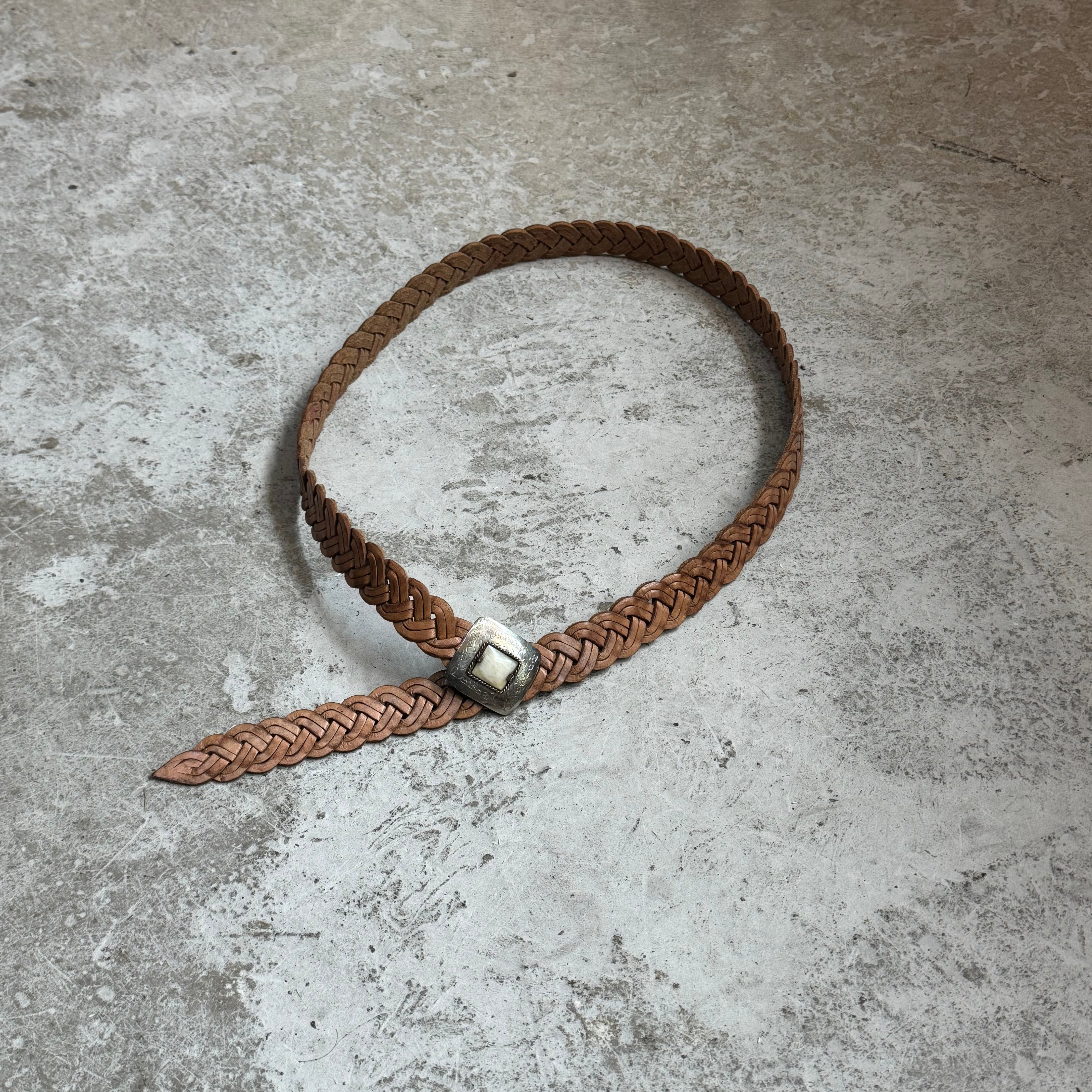 Moroccan Braided Leather Belt – Tan with Decorative Buckle & horn Detail