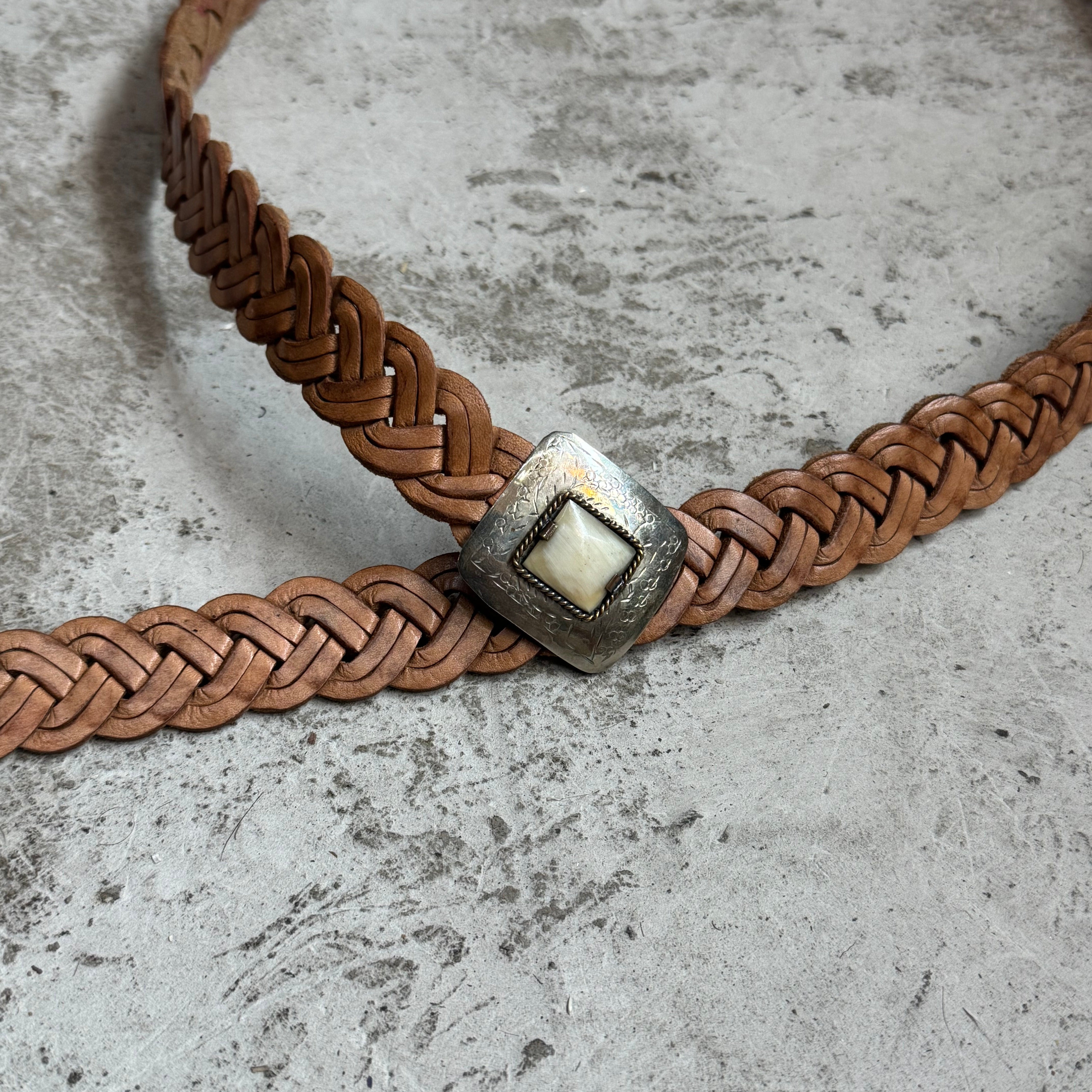 Moroccan Braided Leather Belt – Tan with Decorative Buckle & horn Detail