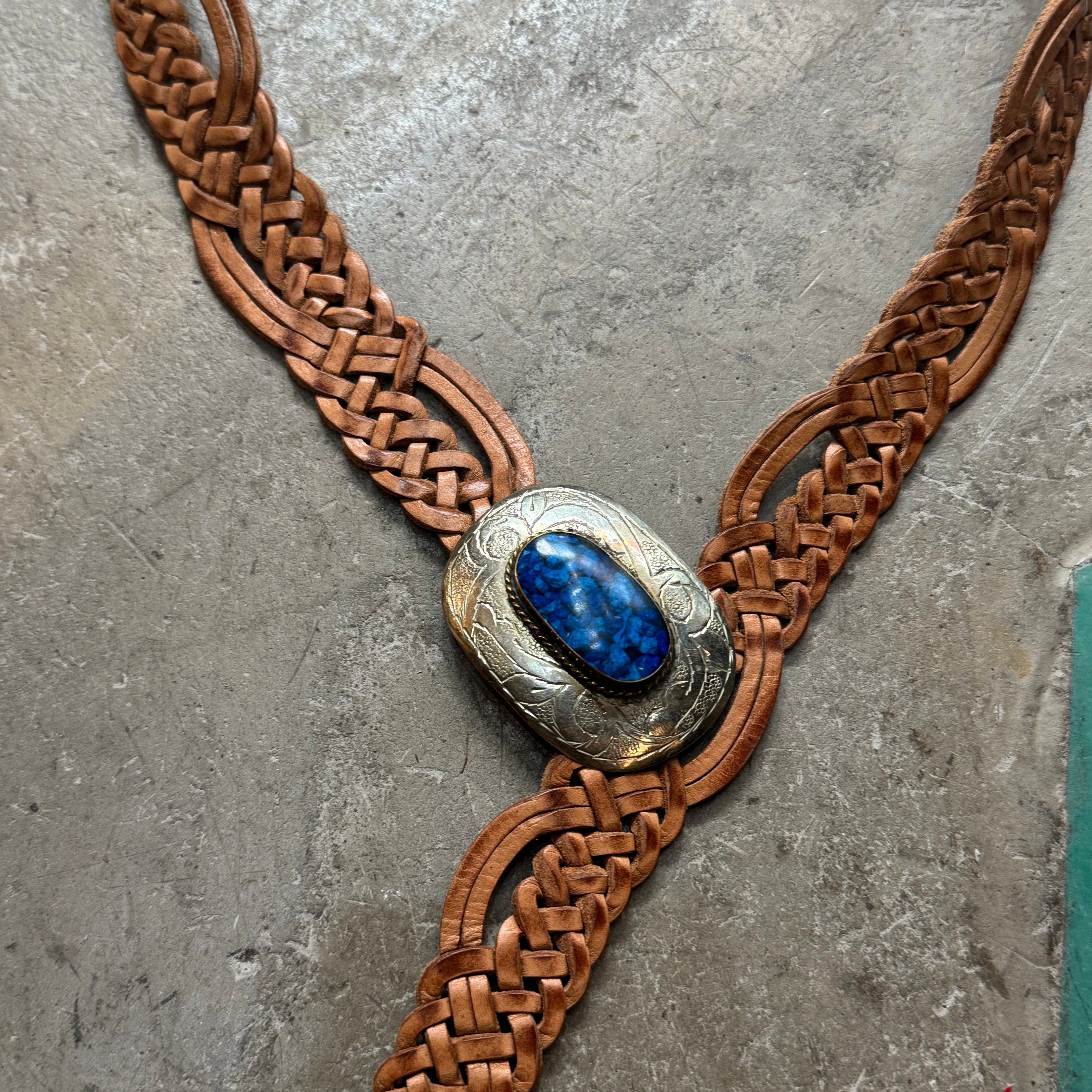 Moroccan Braided Leather Belt – Tan with Decorative Buckle & blue resin detail