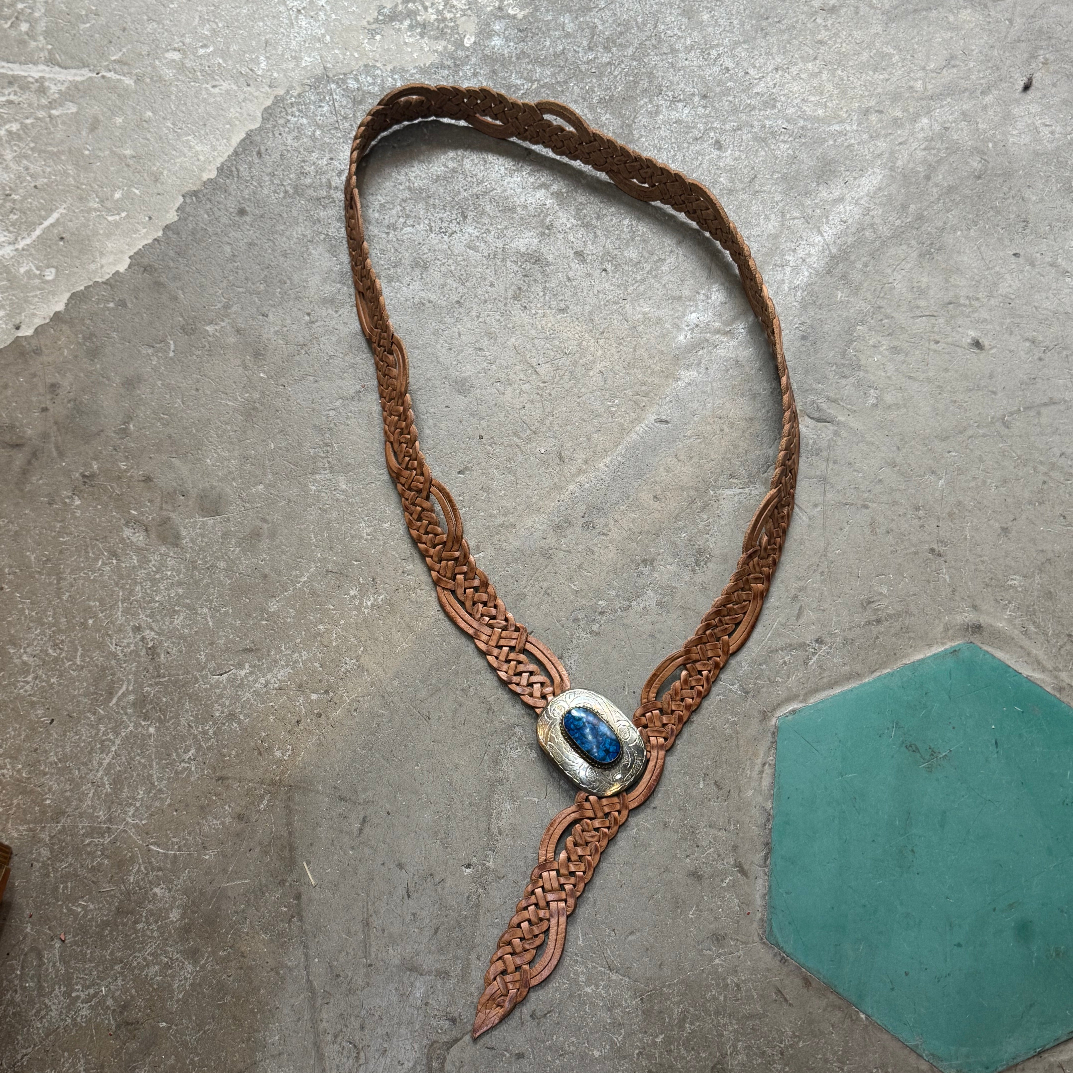 Moroccan Braided Leather Belt – Tan with Decorative Buckle & blue resin detail