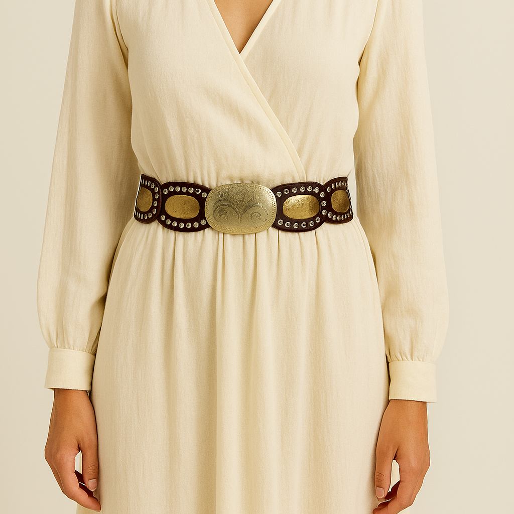 Boho Moroccan Leather oval  disc Belt – Dark Brown with Gold & Silver Detailing