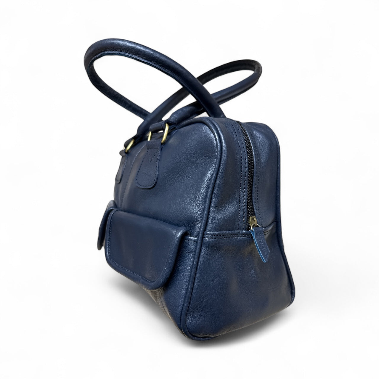 Bowler Handmade Leather Shoulder Bag – Navy Blue Full-Grain Leather