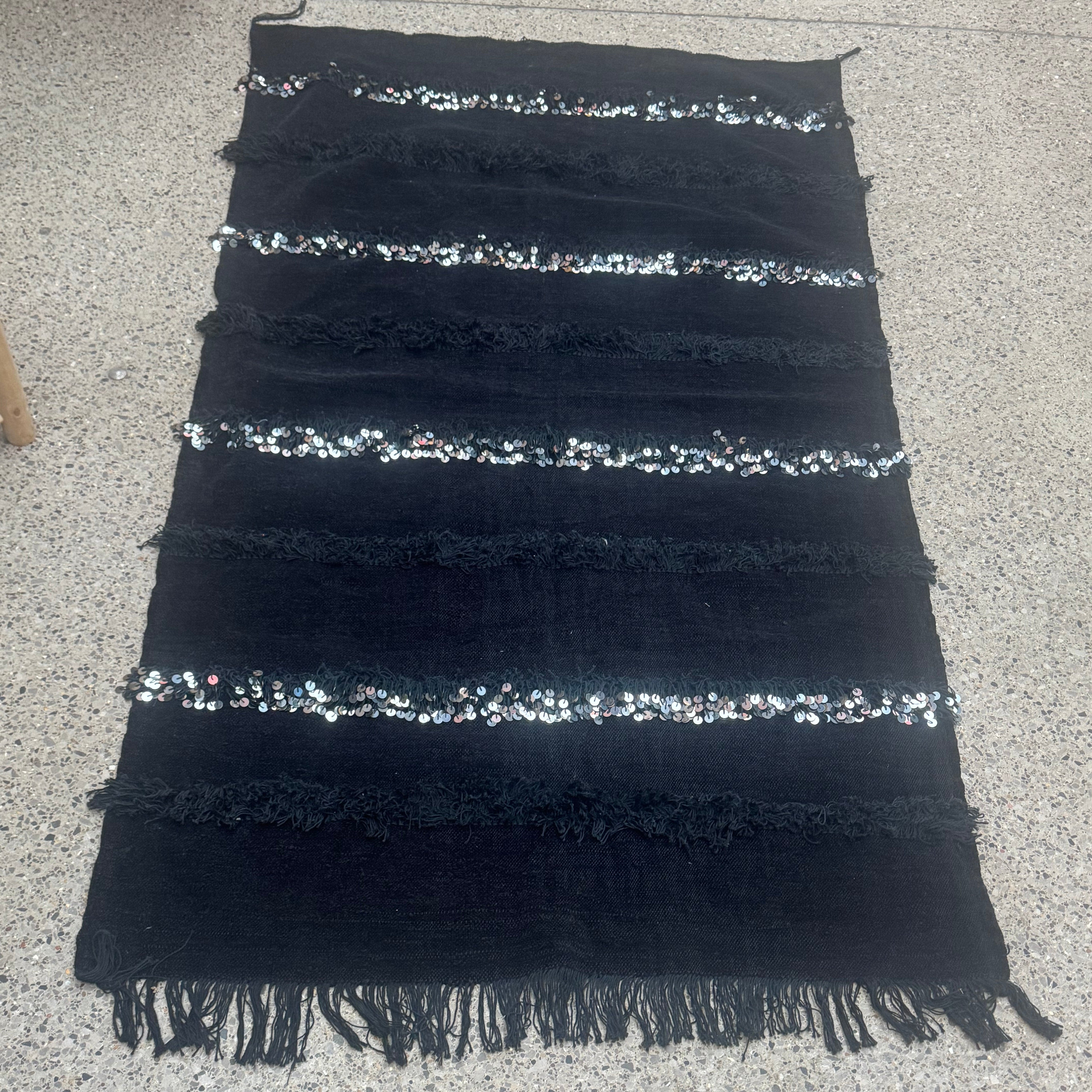 Vintage Black Moroccan Handira Wedding Blanket – Berber Sequin Throw