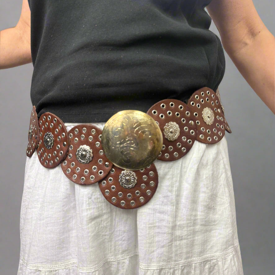 Brown Boho Leather Disc Belt – Handmade Wide Festival Belt