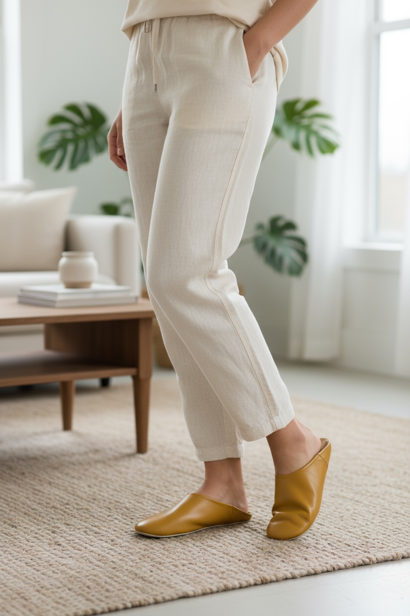 Herren-Slipper aus Leder in Senfgelb