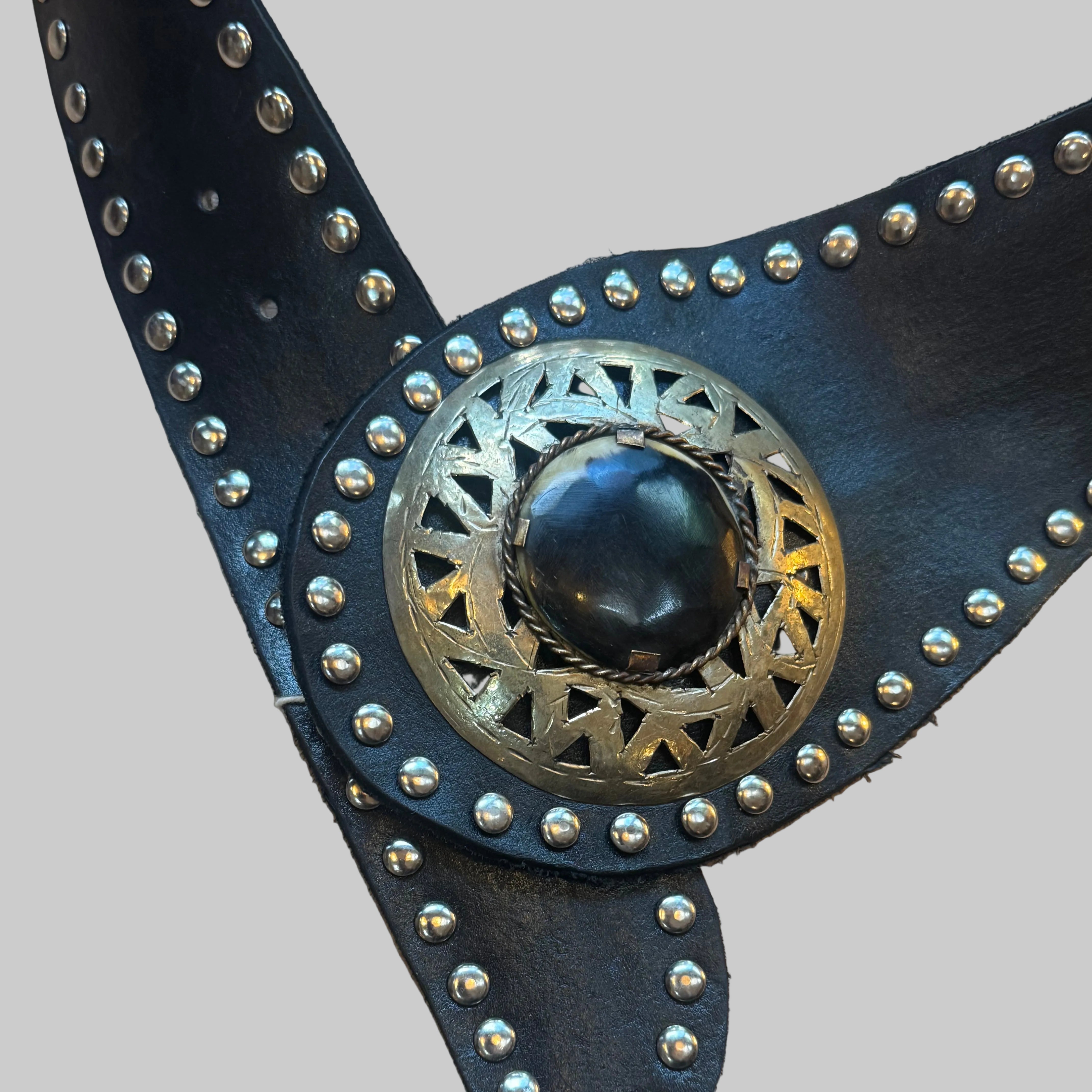 Black Boho Studded Leather Belt – Full-Grain Leather with Horn & Metal Buckle