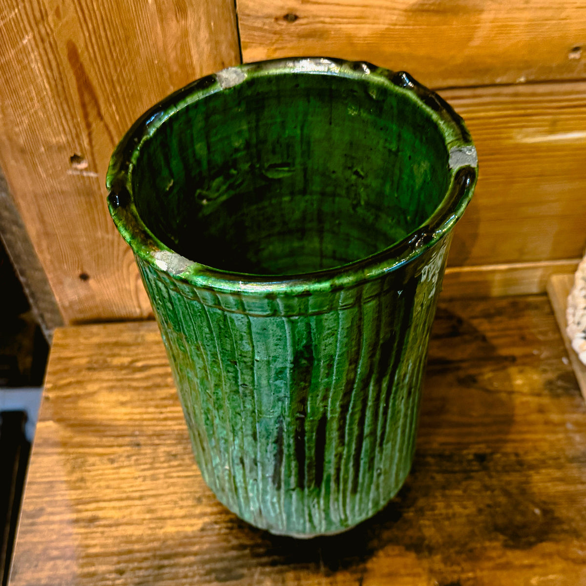 Tamegroute Handmade Fluted Green Glazed Ceramic Vase - 23cm