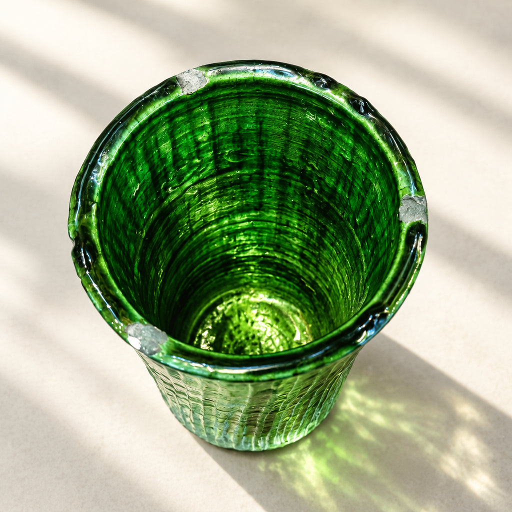 Tamegroute Handmade Fluted Green Glazed Ceramic Vase - 23cm