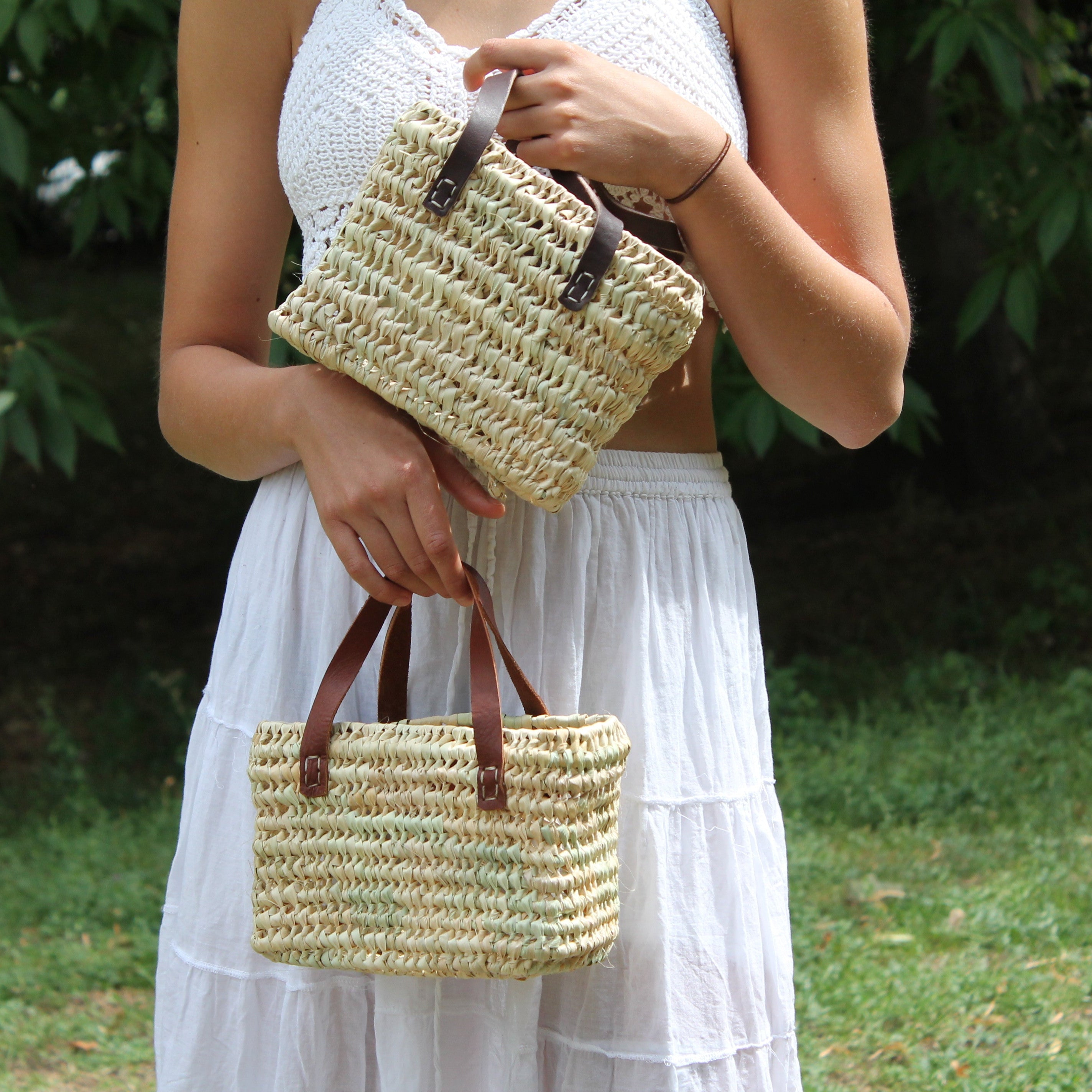 Handwoven Small Palm Leaf Storage Basket – Leather Handles