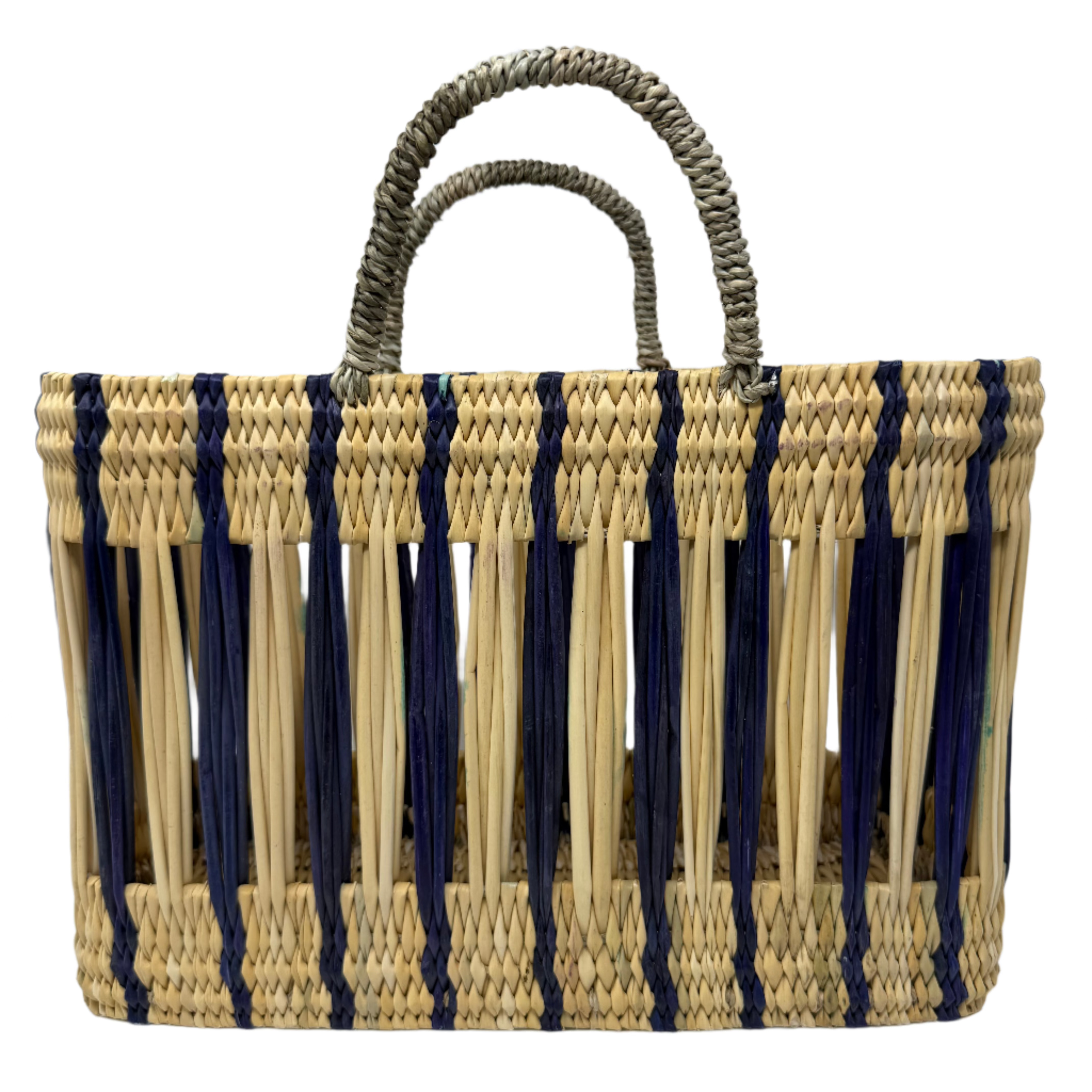 Essaouira Reed Basket Bag – Dark Blue Stripe