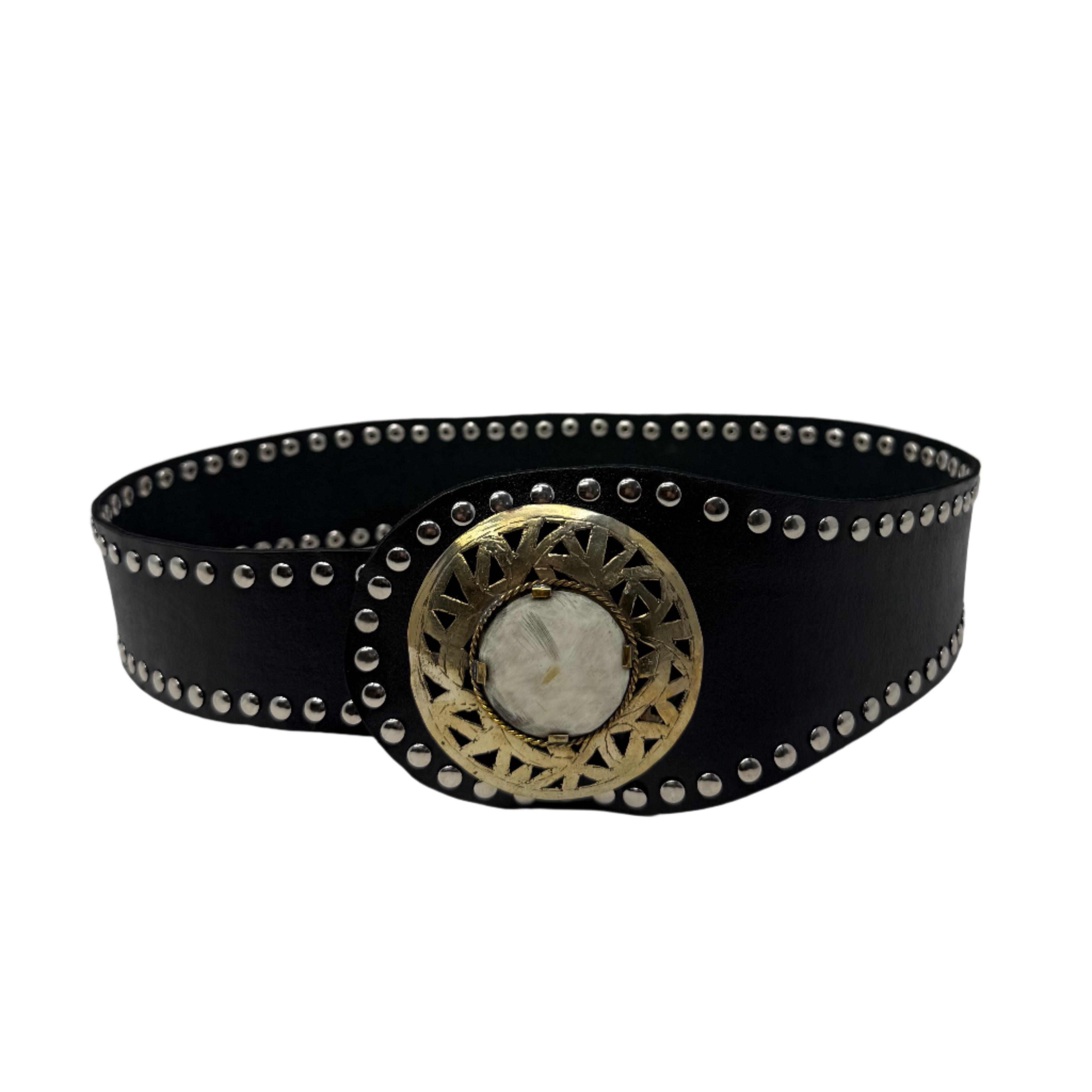Black Boho Studded Leather Belt – Full-Grain Leather with Horn & Metal Buckle